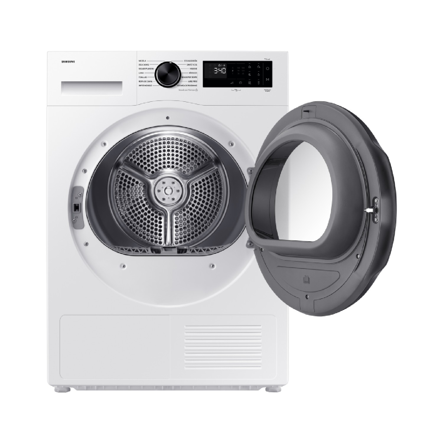 Una secadora Samsung blanca con la puerta gris abierta, revelando el interior del tambor.