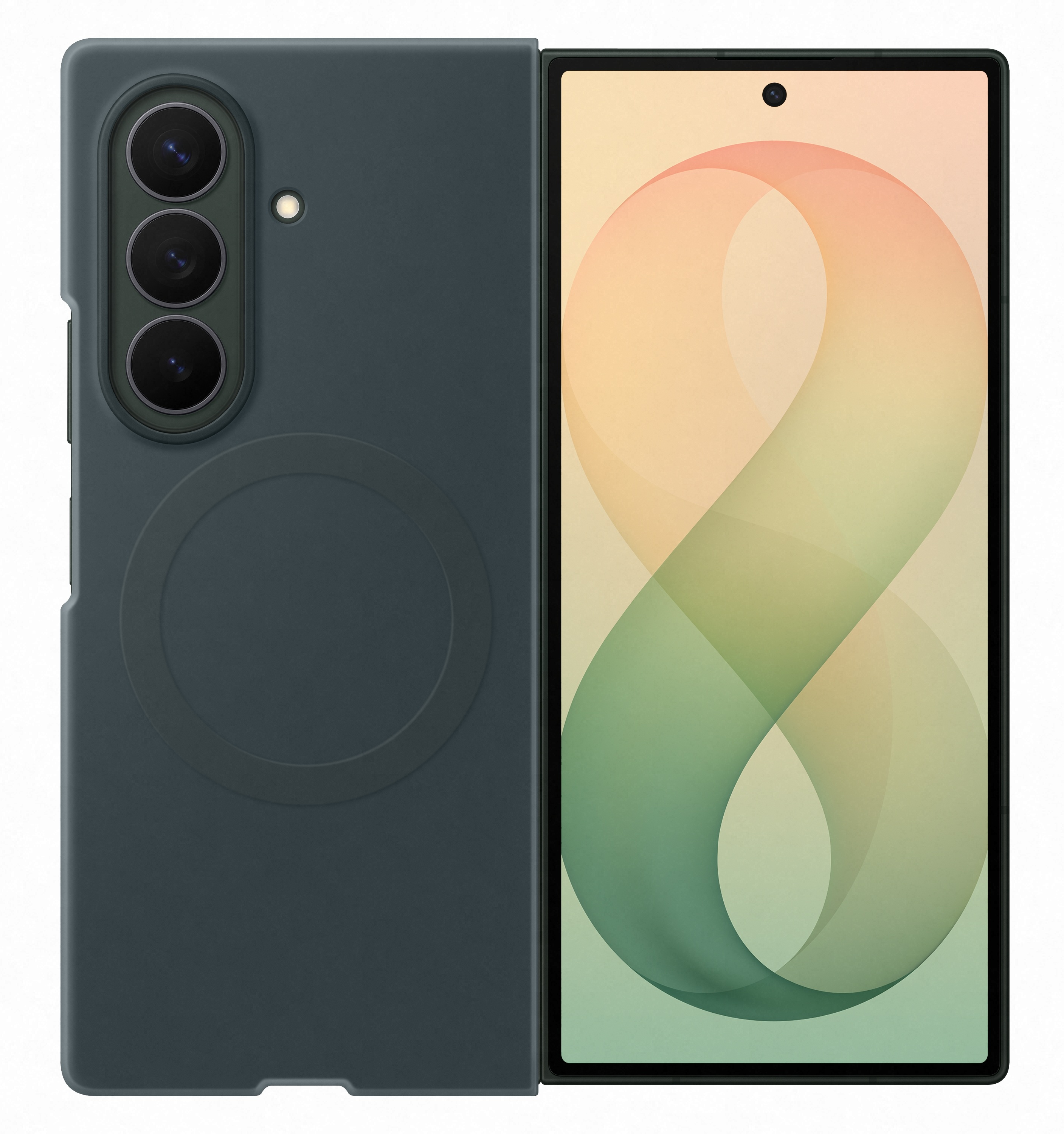 Ciemnoszary telefon z trzema aparatami i okrągłym wycięciem obok telefonu z jasnym tłem.