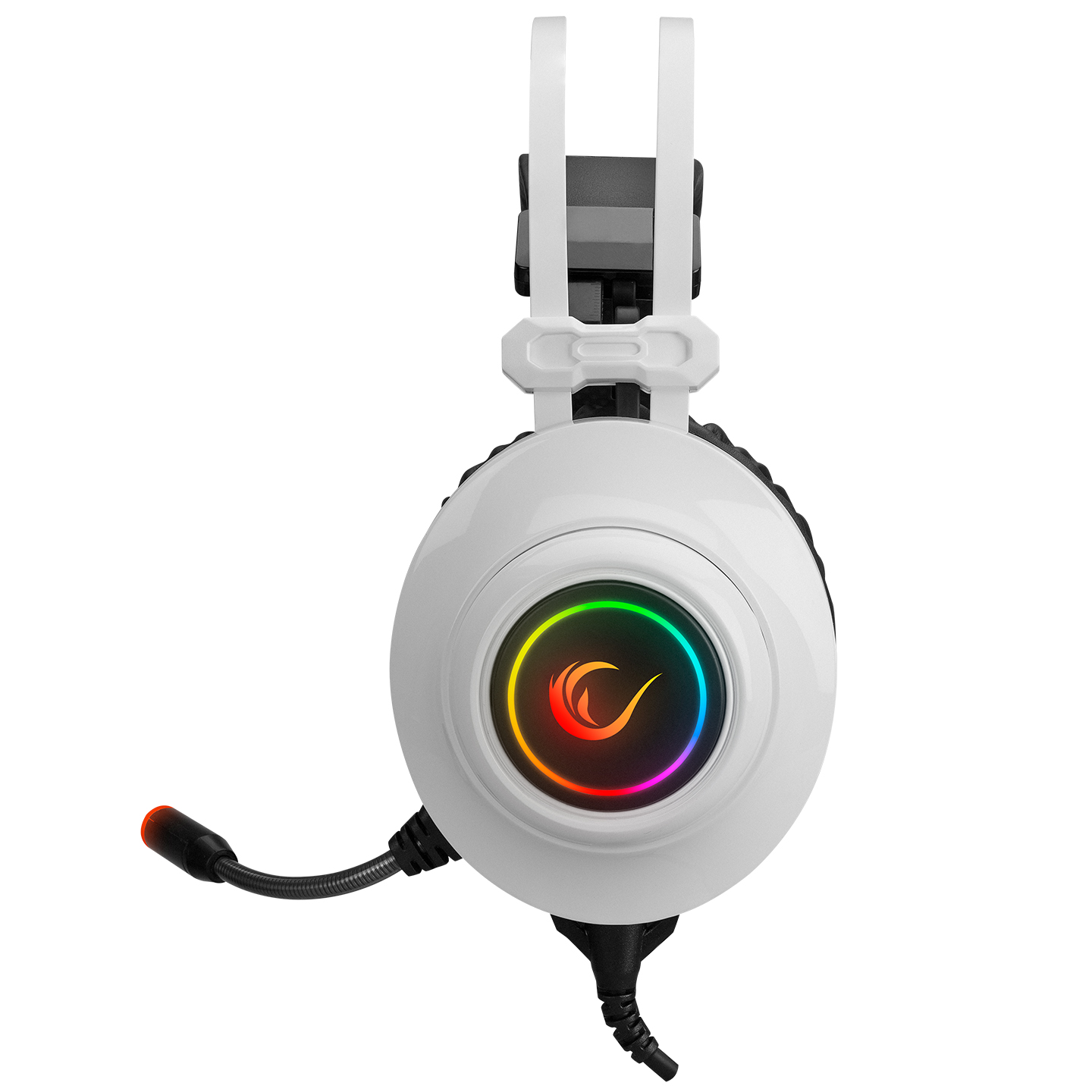 Mikrofonlu beyaz oyuncu kulaklığı ve kulaklıkta RGB aydınlatma.