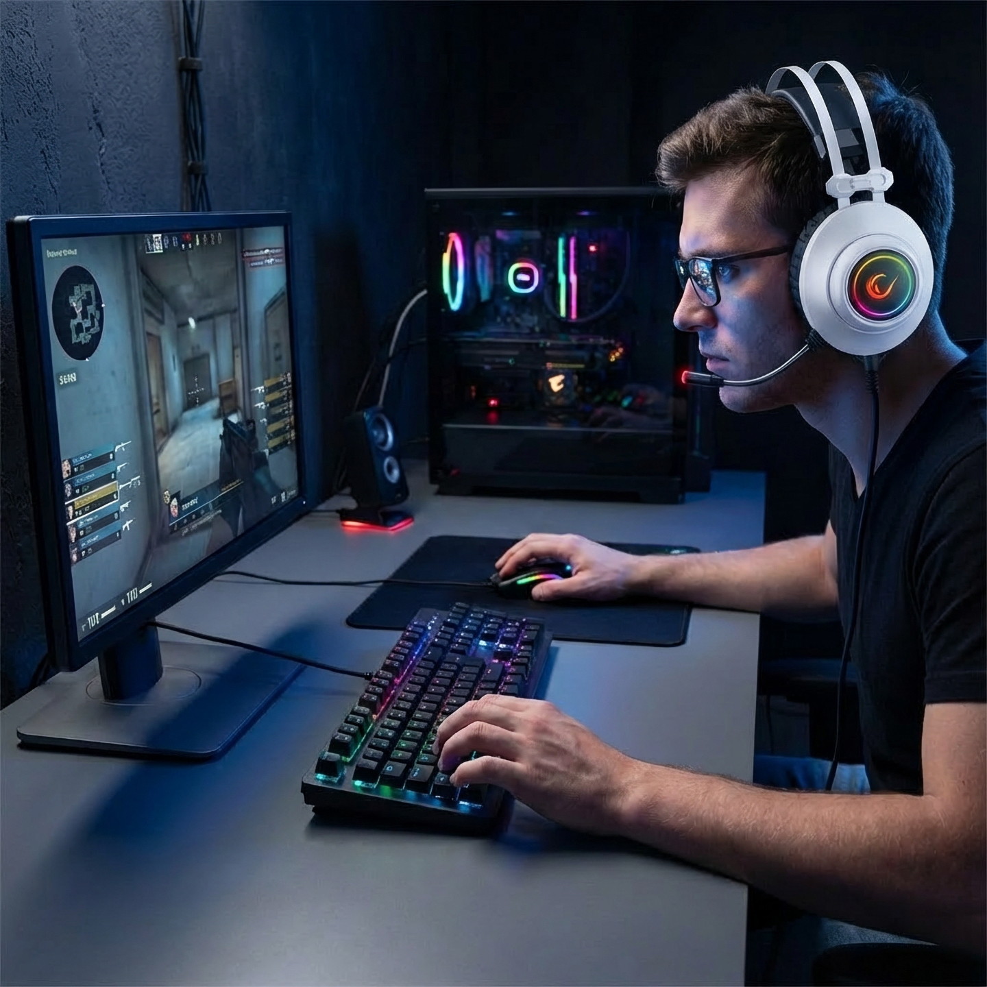 RGB klavyeli, fareli ve kulaklıklı erkek video oyunu oynuyor. Bilgisayar kasası görünür.