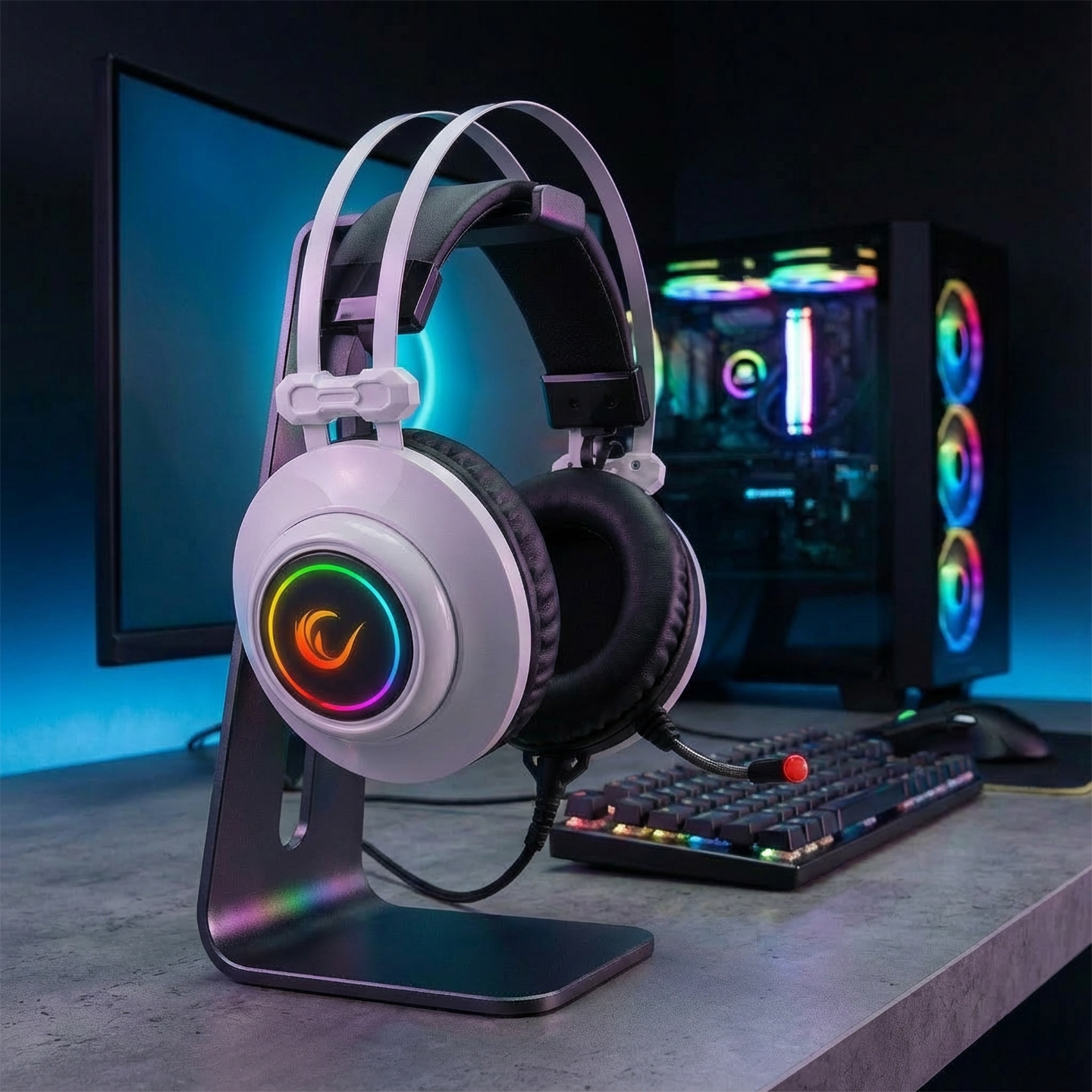 Standda gökkuşağı RGB'li beyaz oyuncu kulaklığı, PC, klavye ve fare.