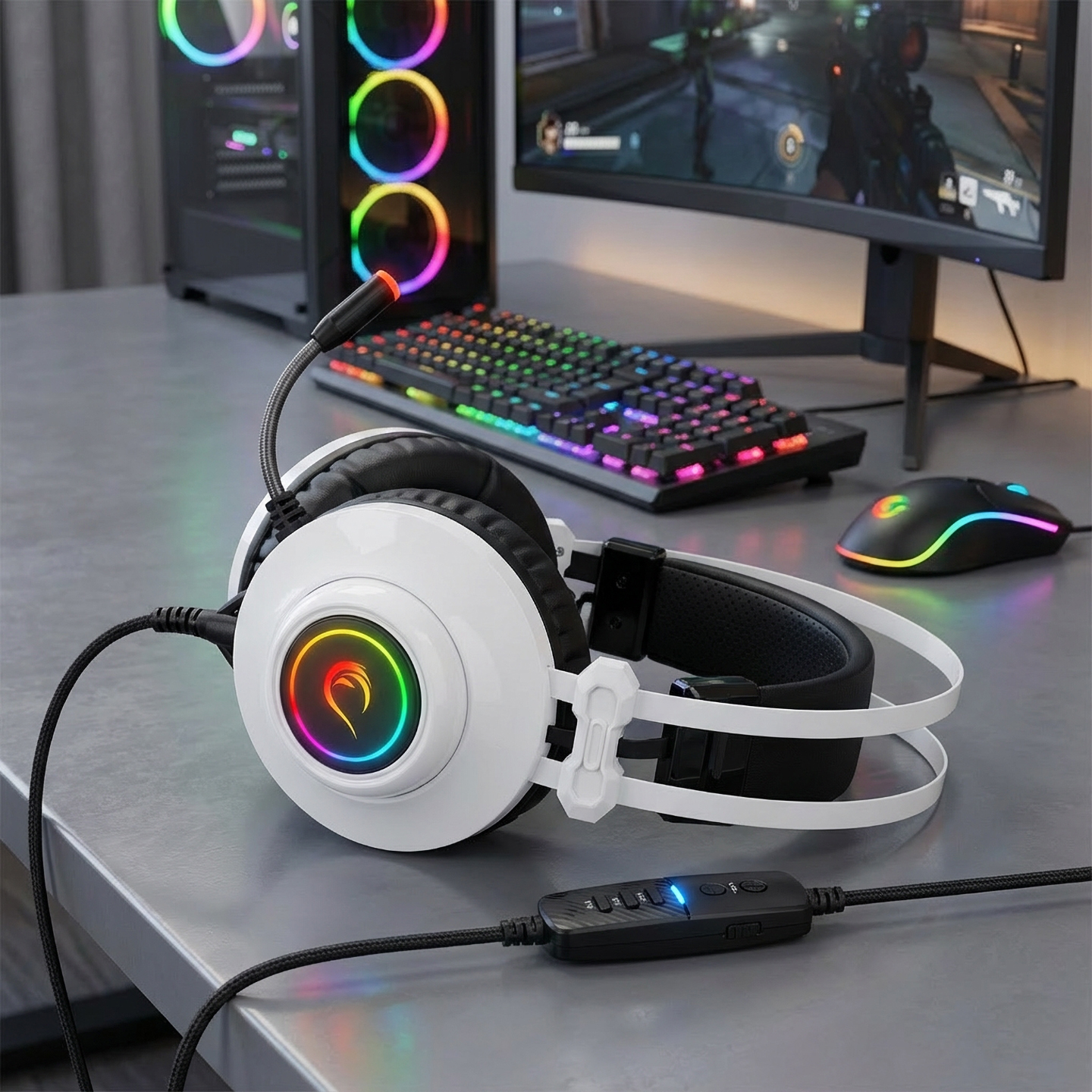RGB aydınlatmalı beyaz oyuncu kulaklığı, mikrofon, klavye ve fare.