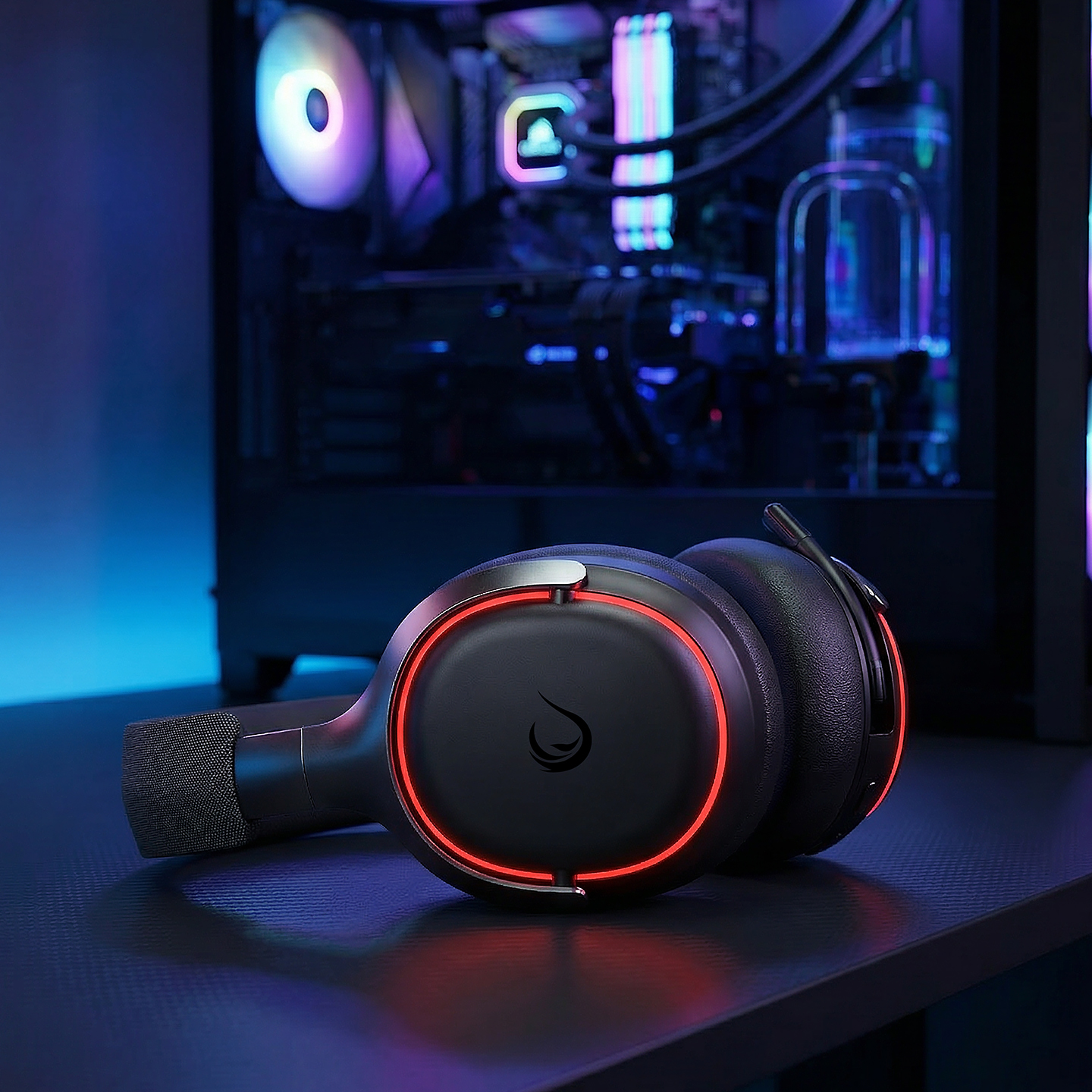 Arkada parlayan bir PC ile masada kırmızı parıltılı siyah kulaklık.