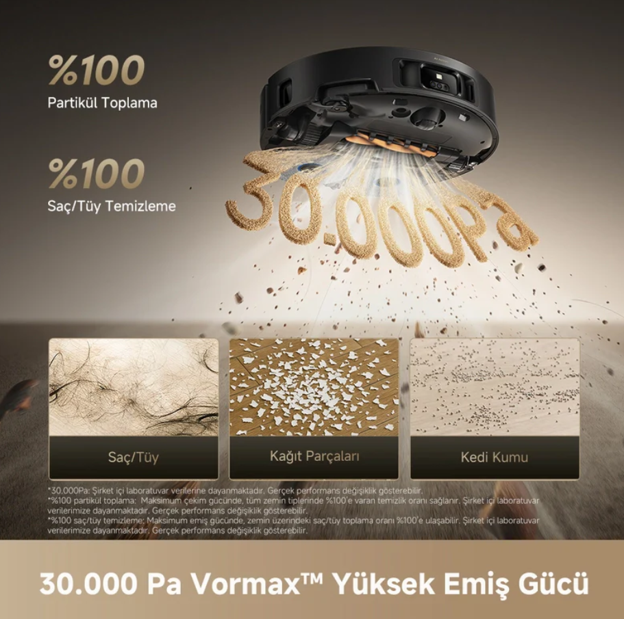 Robot süpürge kırıntı, saç ve kumu temizler. 30.000 Pa emiş gücü.