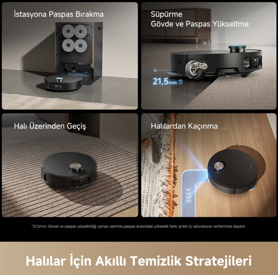 Robot süpürge istasyona yanaşır, yükselir, halıları geçer ve onlardan kaçınır.