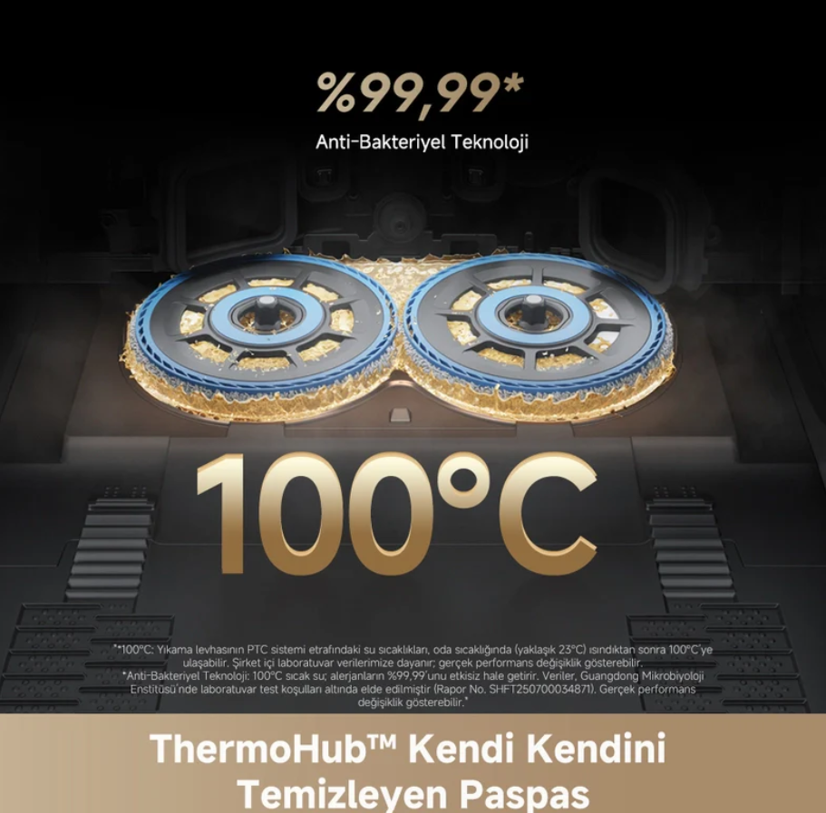 100°C'de kendi kendini temizleyen, mavi detaylı iki döner paspas başlığı.