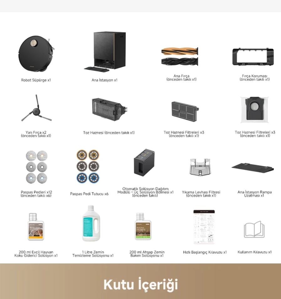 Ürün genel bakış: Robot süpürge, şarj istasyonu, fırçalar, toz haznesi, filtreler, paspaslar, temizlik solüsyonları, kılavuzlar.