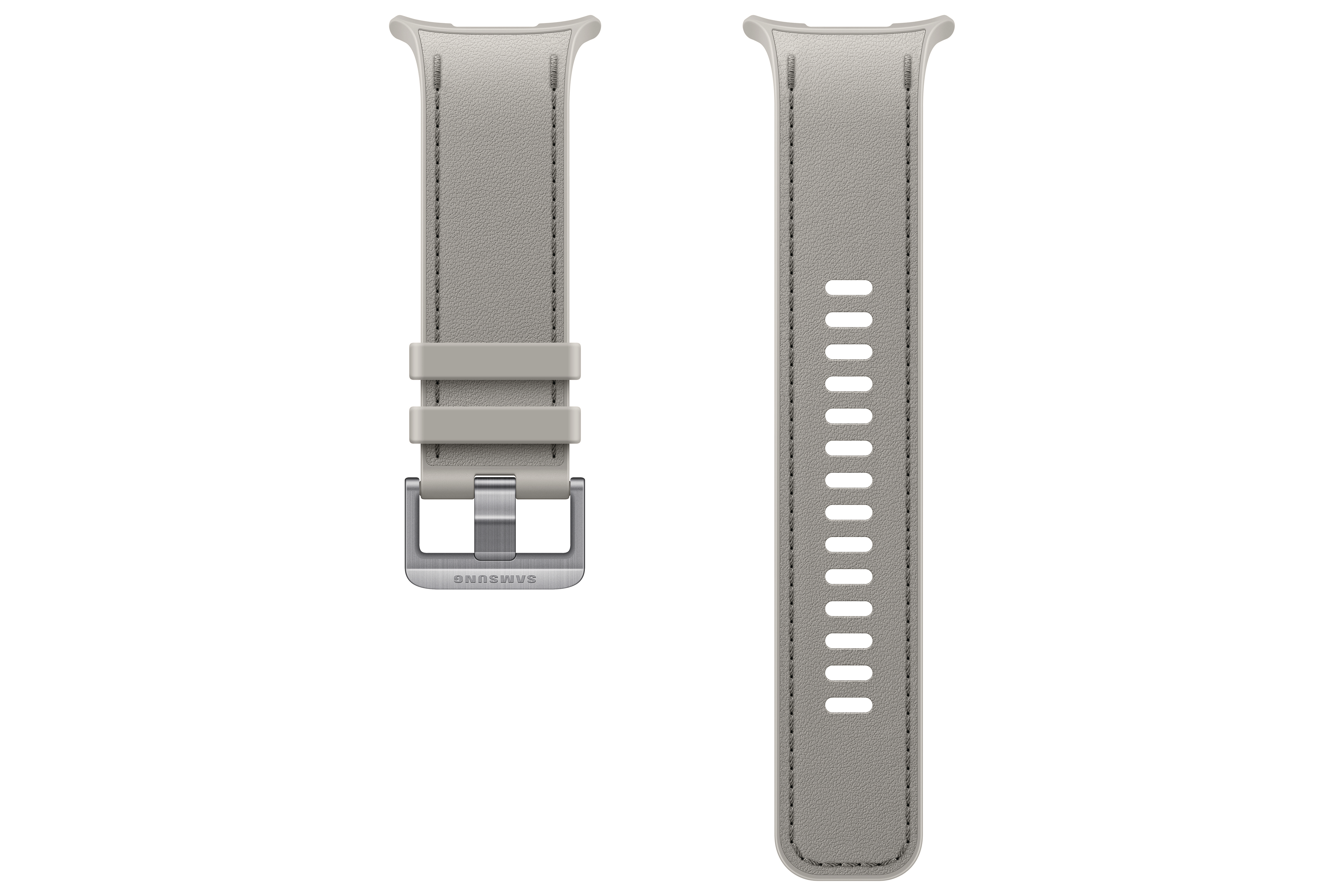 Zwei graue Lederarmbänder für Smartwatches, eines mit Schnalle, das andere mit Löchern.