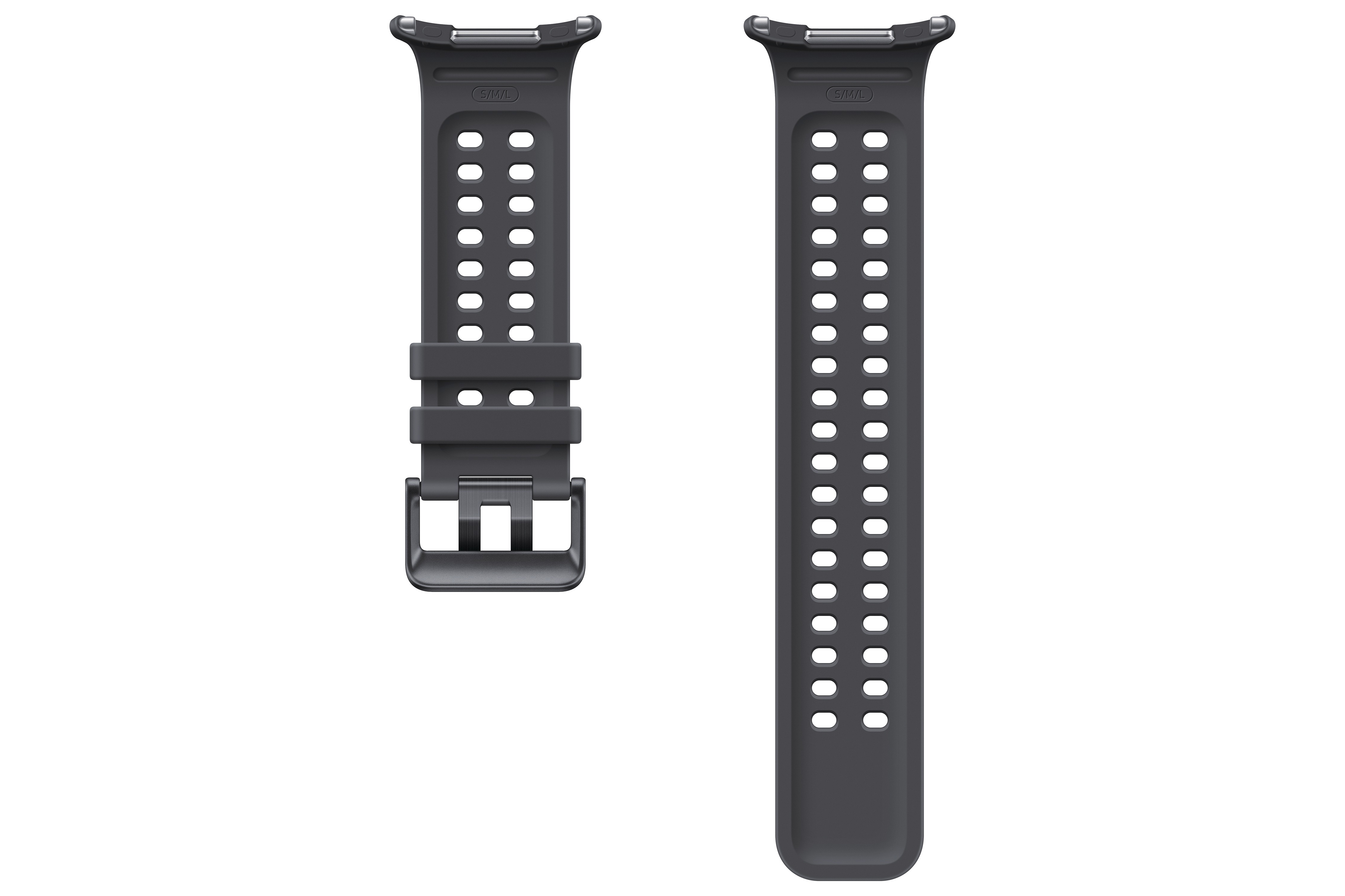 Zwei graue Uhrenarmbänder mit Belüftungslöchern und einer Metallschnalle.