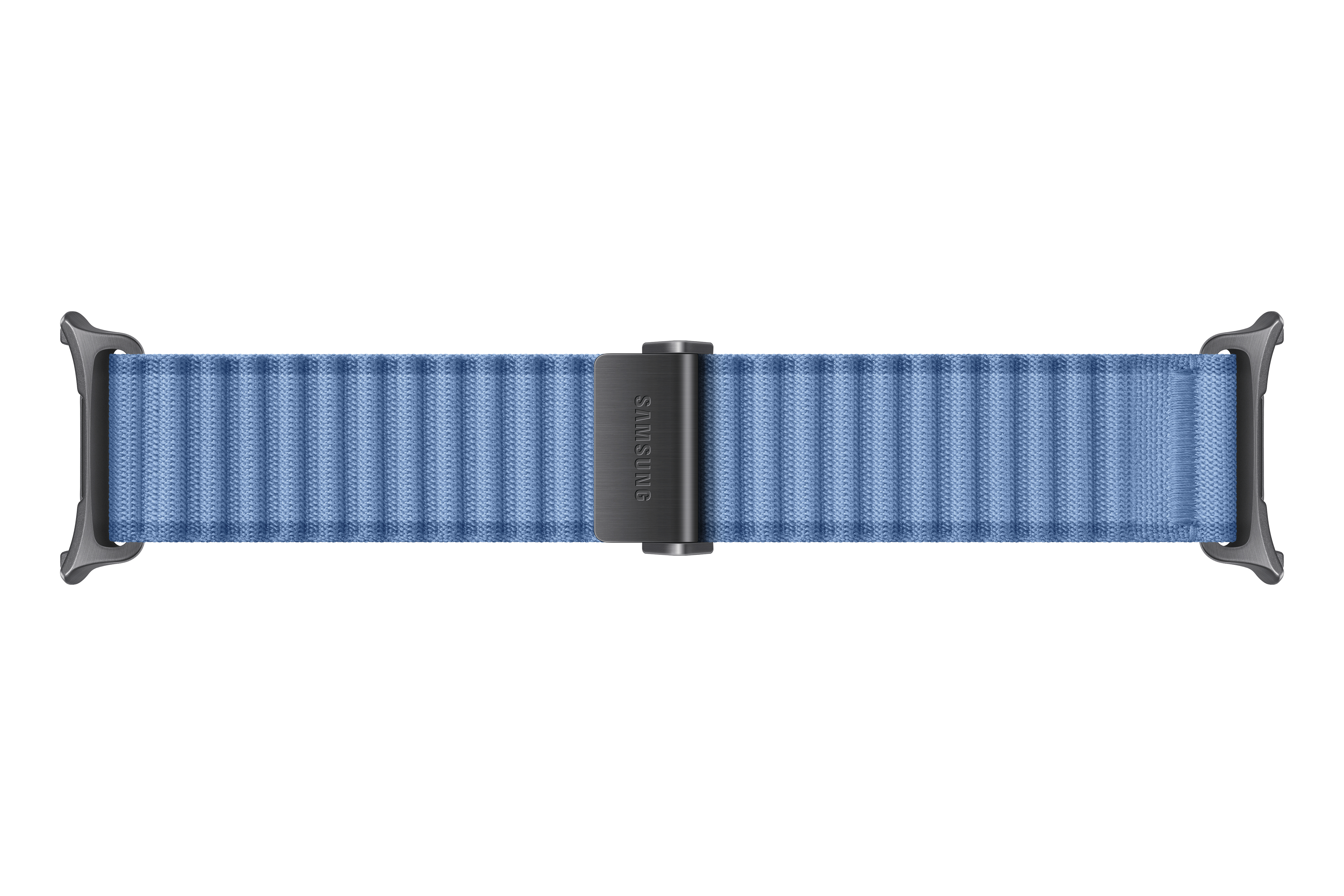 Ein blaues Samsung Uhrenarmband mit Metallverbindern und vertikalen Nähten.