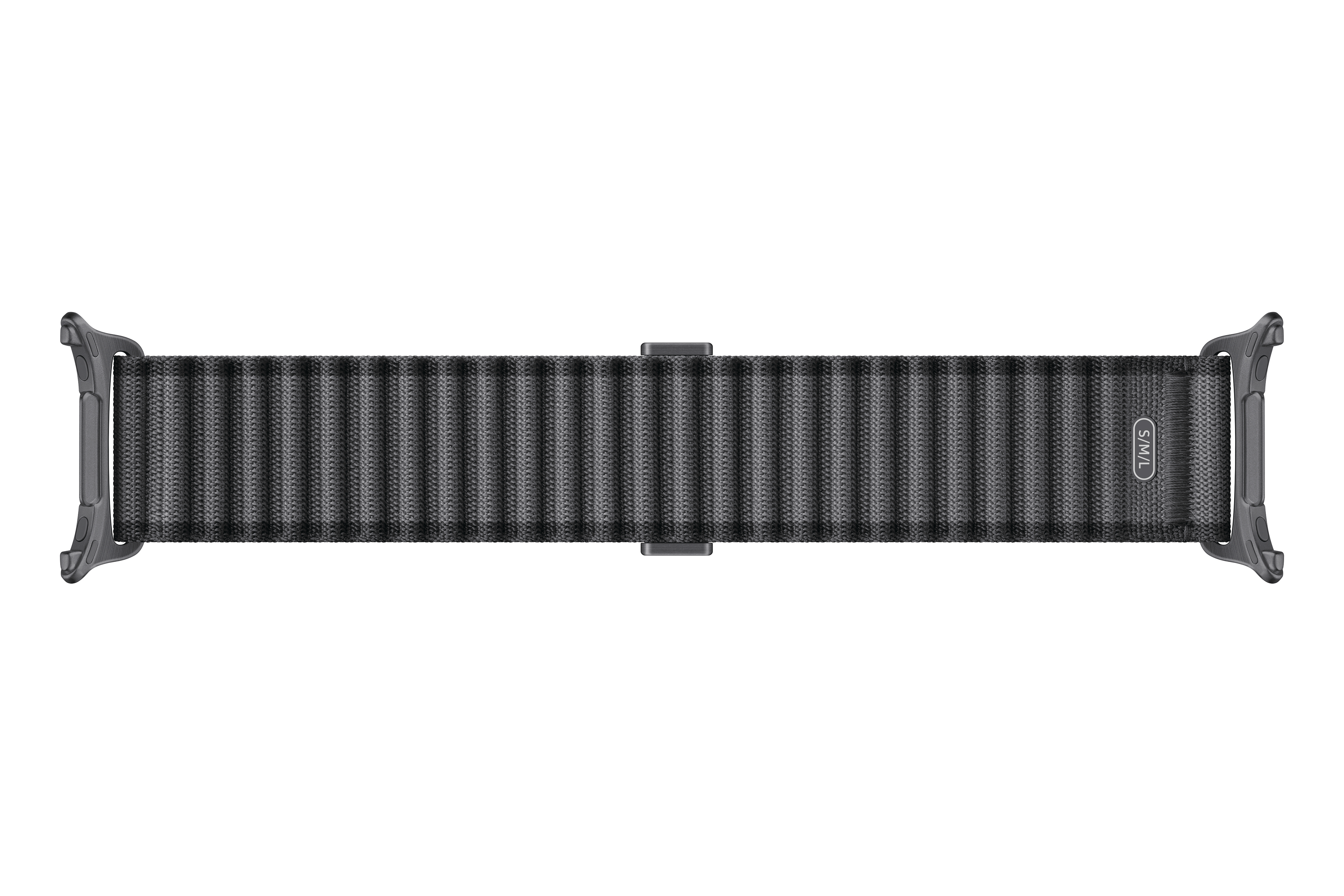 Graues gewebtes Uhrenarmband mit silbernen Anschlüssen und S/M-Markierung.