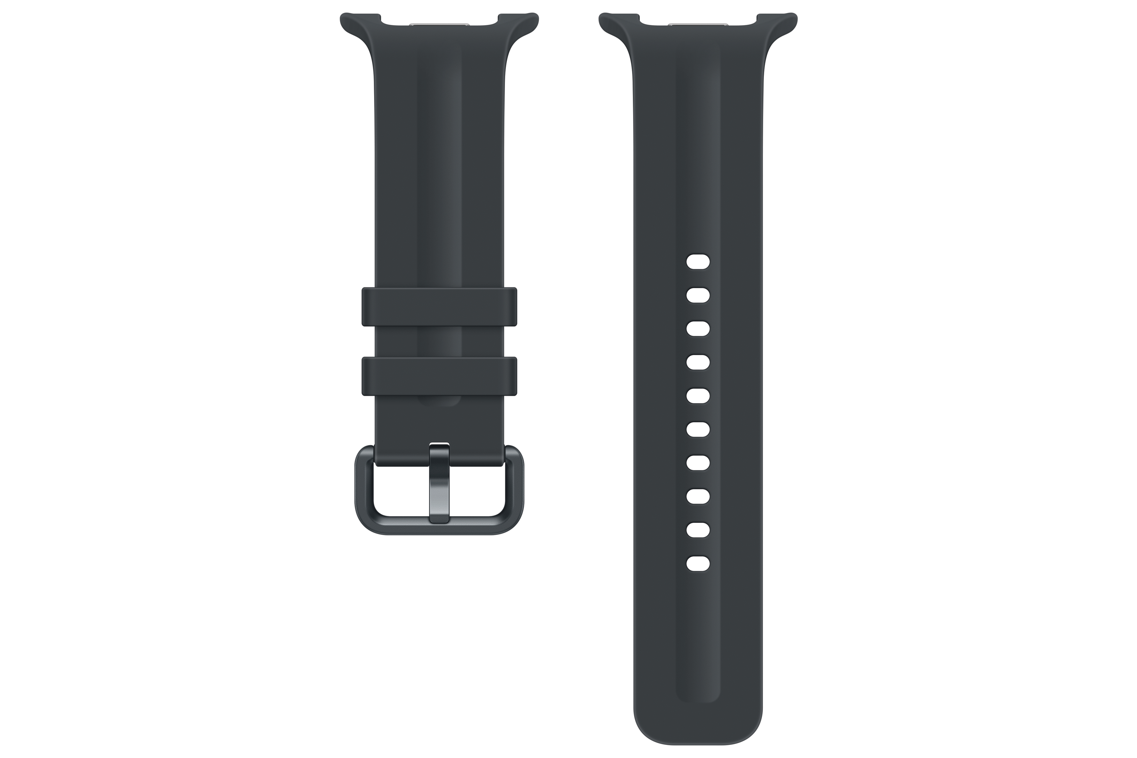 Zwei dunkle Uhrenarmbänder, eines mit Schnalle und Schlaufen, das andere mit Löchern.