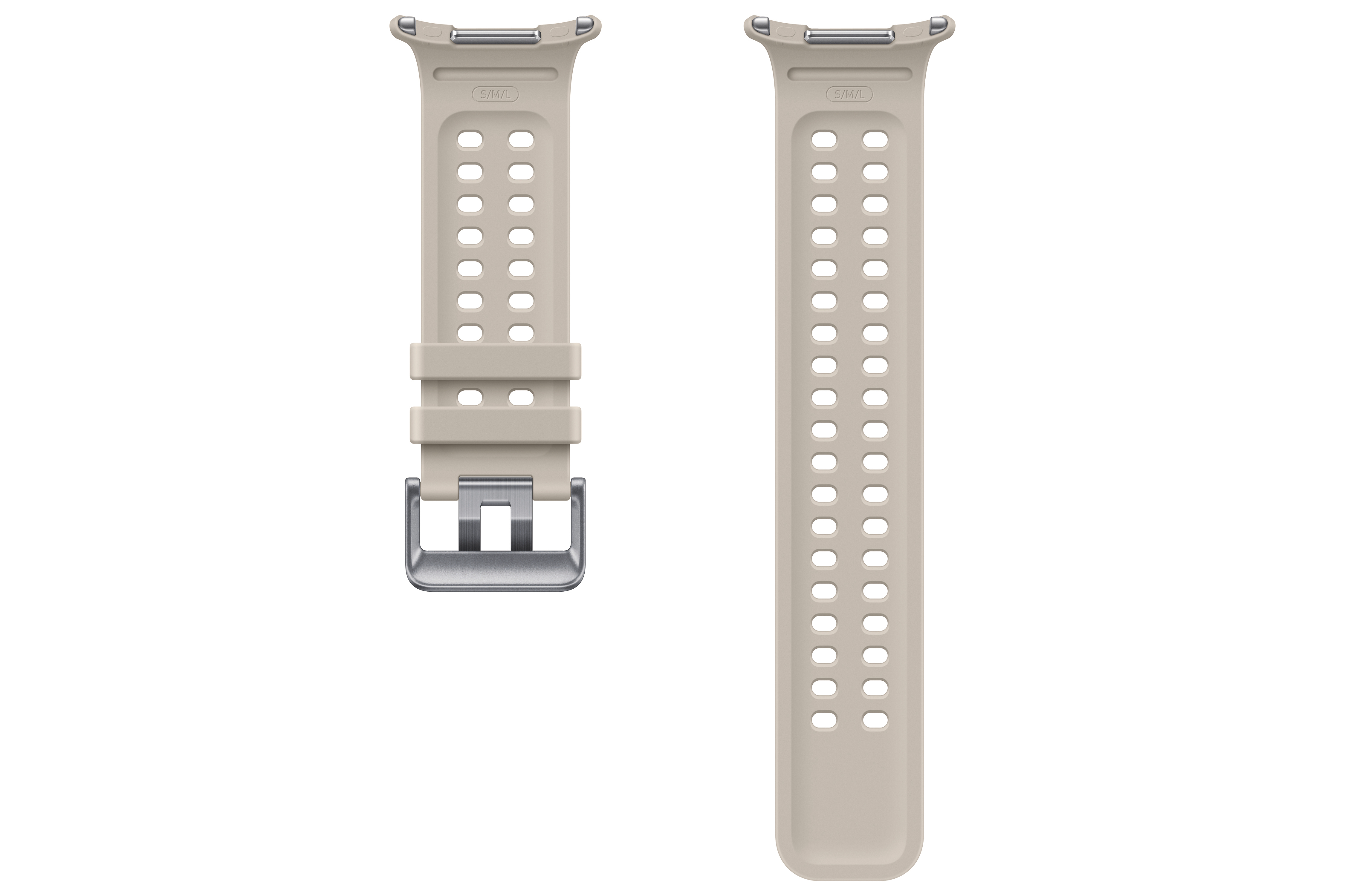Zwei helle Sandfarbene Uhrenarmbänder mit Lüftungslöchern und Metallschnalle.