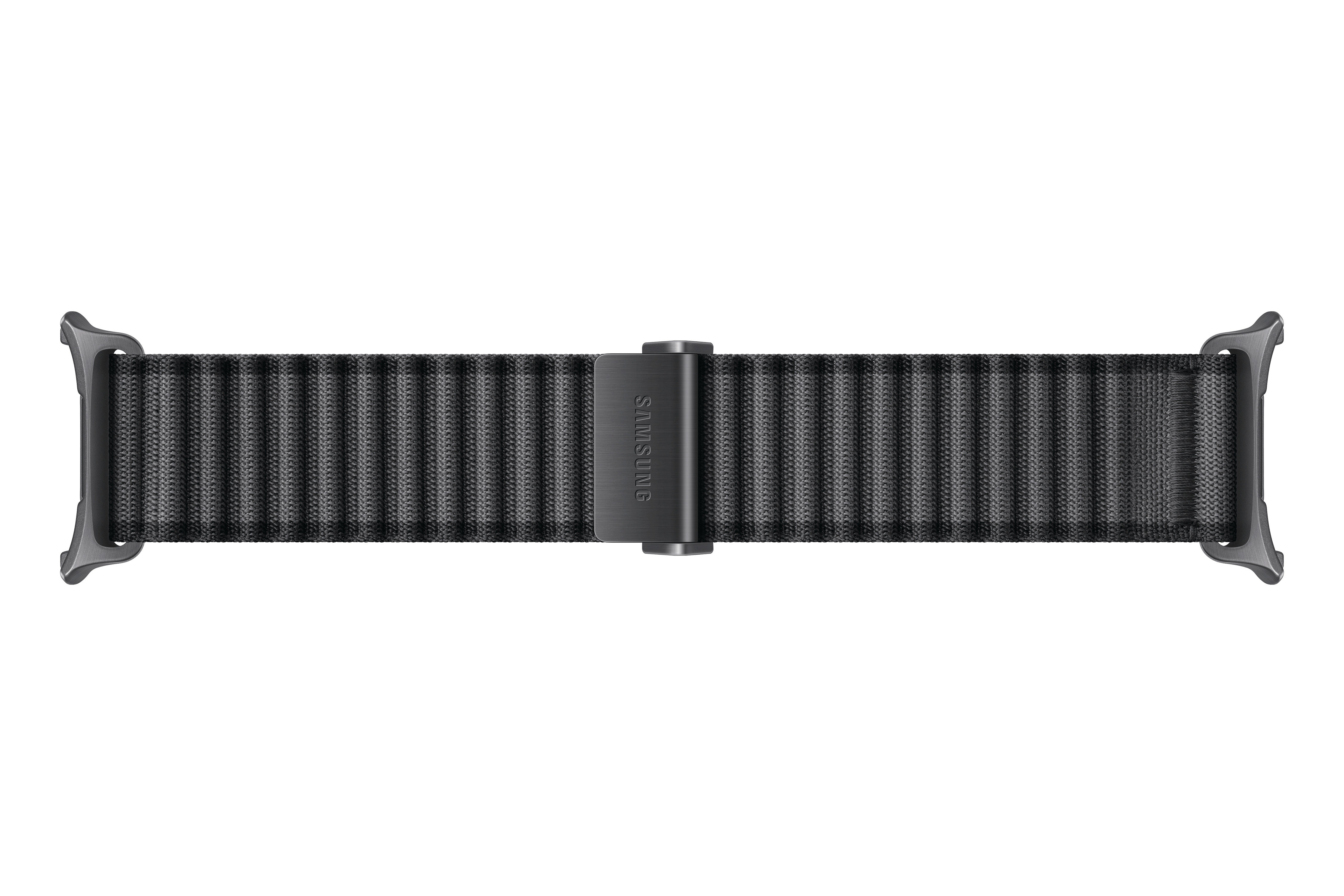 Ein graues Stoffarmband mit Samsung-Logo, auf weißem Hintergrund.