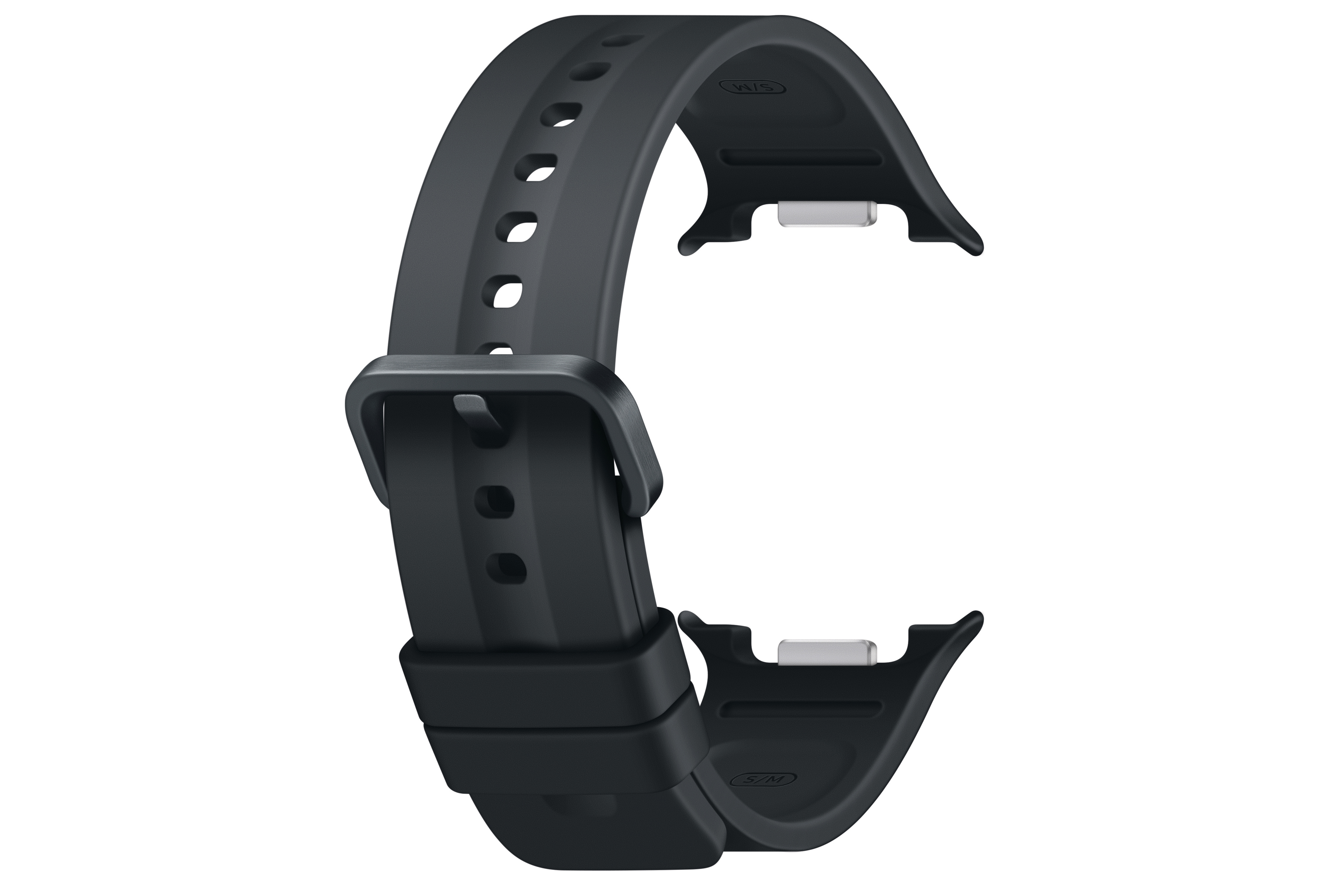 Ein schwarzes Uhrenarmband mit Schnalle und Lochmuster auf weißem Hintergrund.