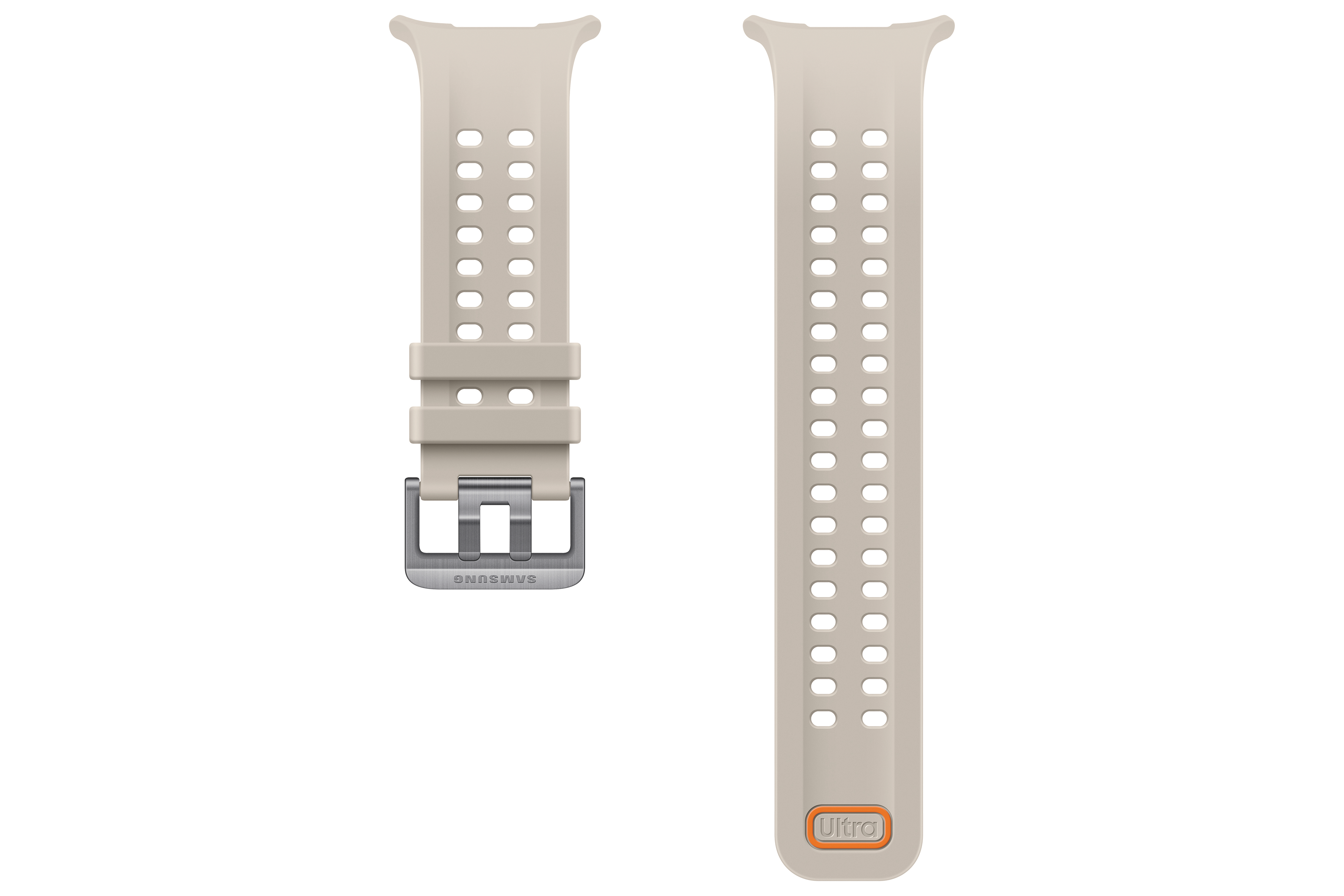 Ein beigefarbenes Uhrenarmband mit Lüftungslöchern und Silberschließe.