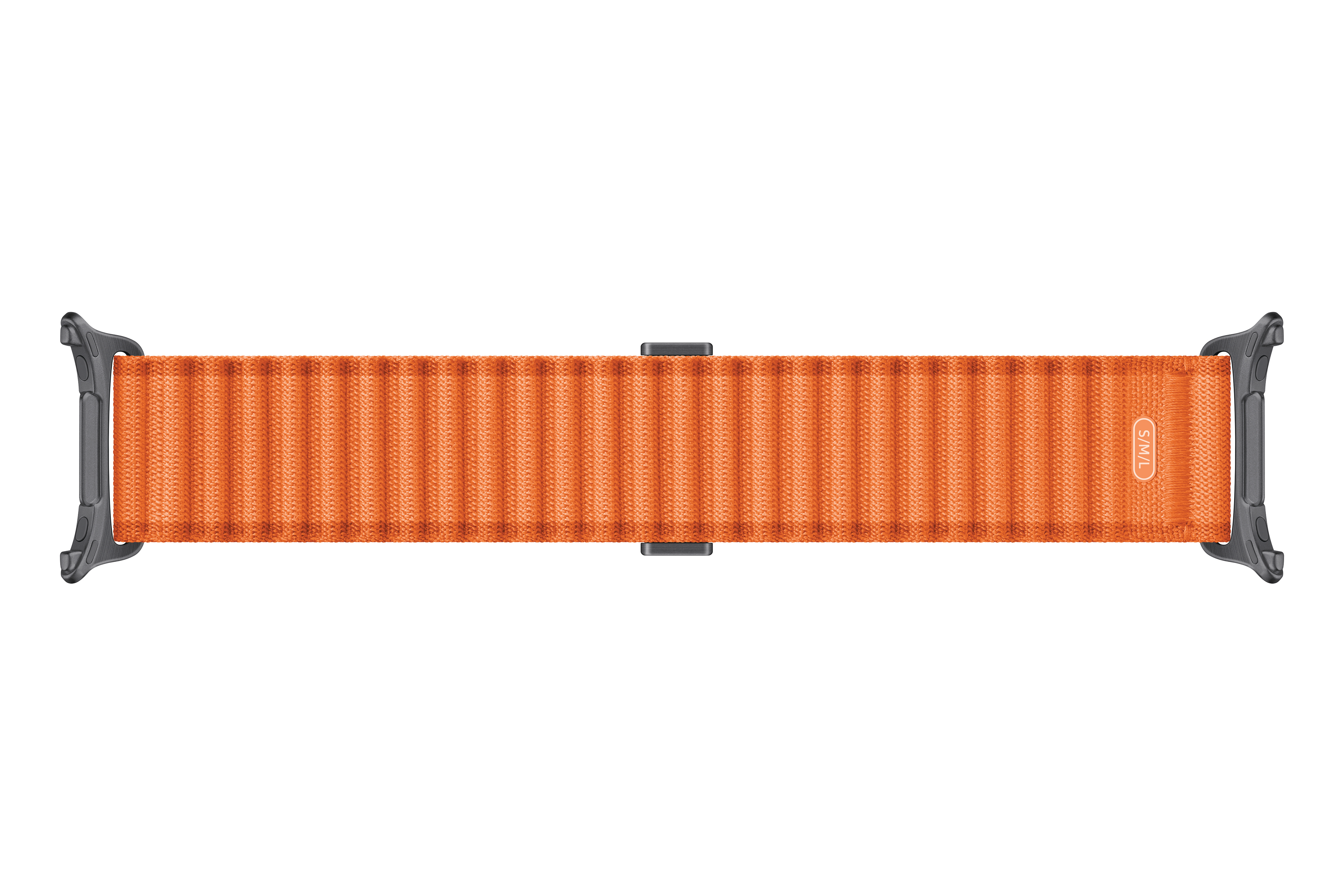 Ein orangefarbenes Armband mit vertikalen Rippen und grauen Anschlüssen.