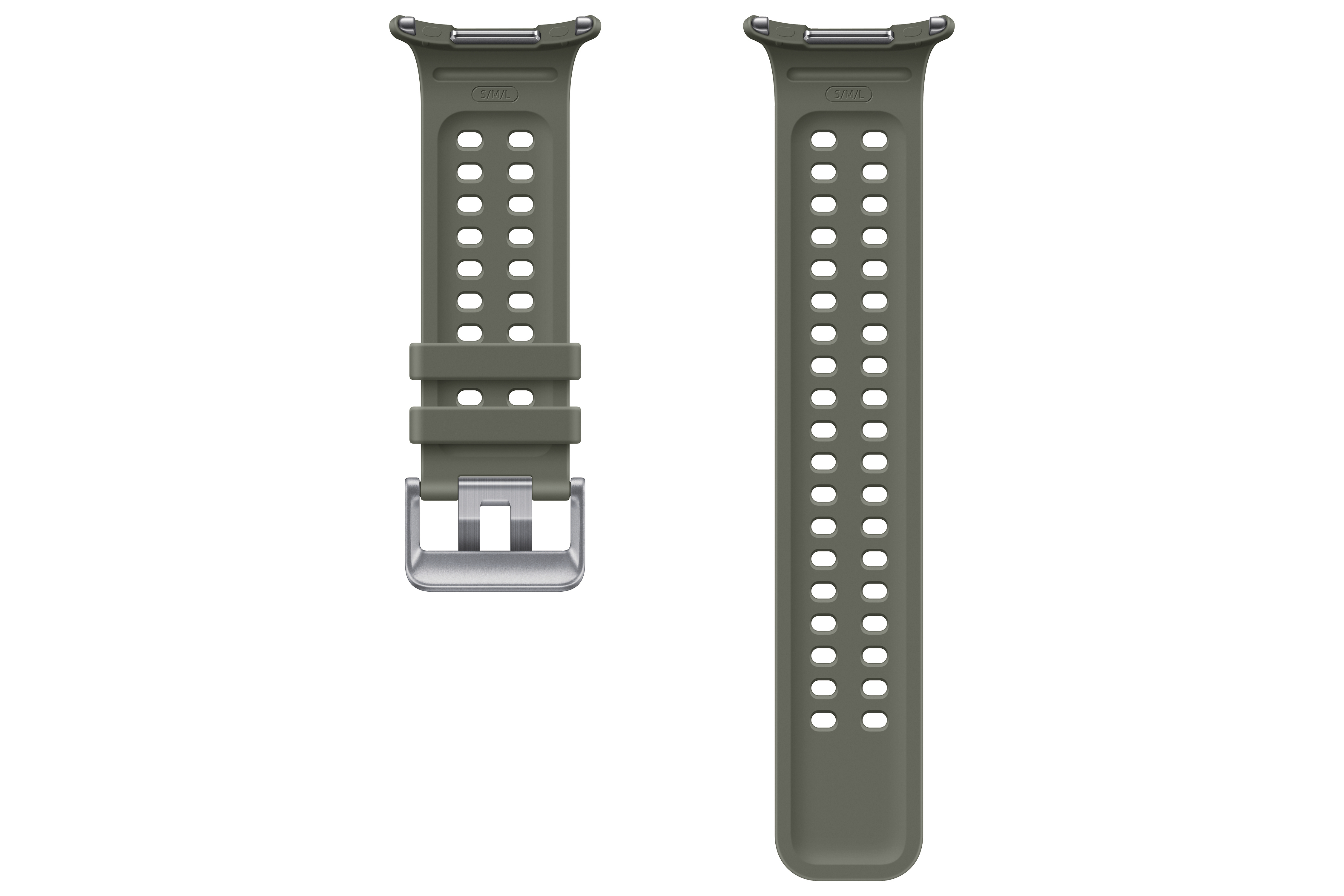Zwei anthrazitfarbene Uhrenarmbänder mit Belüftungslöchern und Metallschnalle.