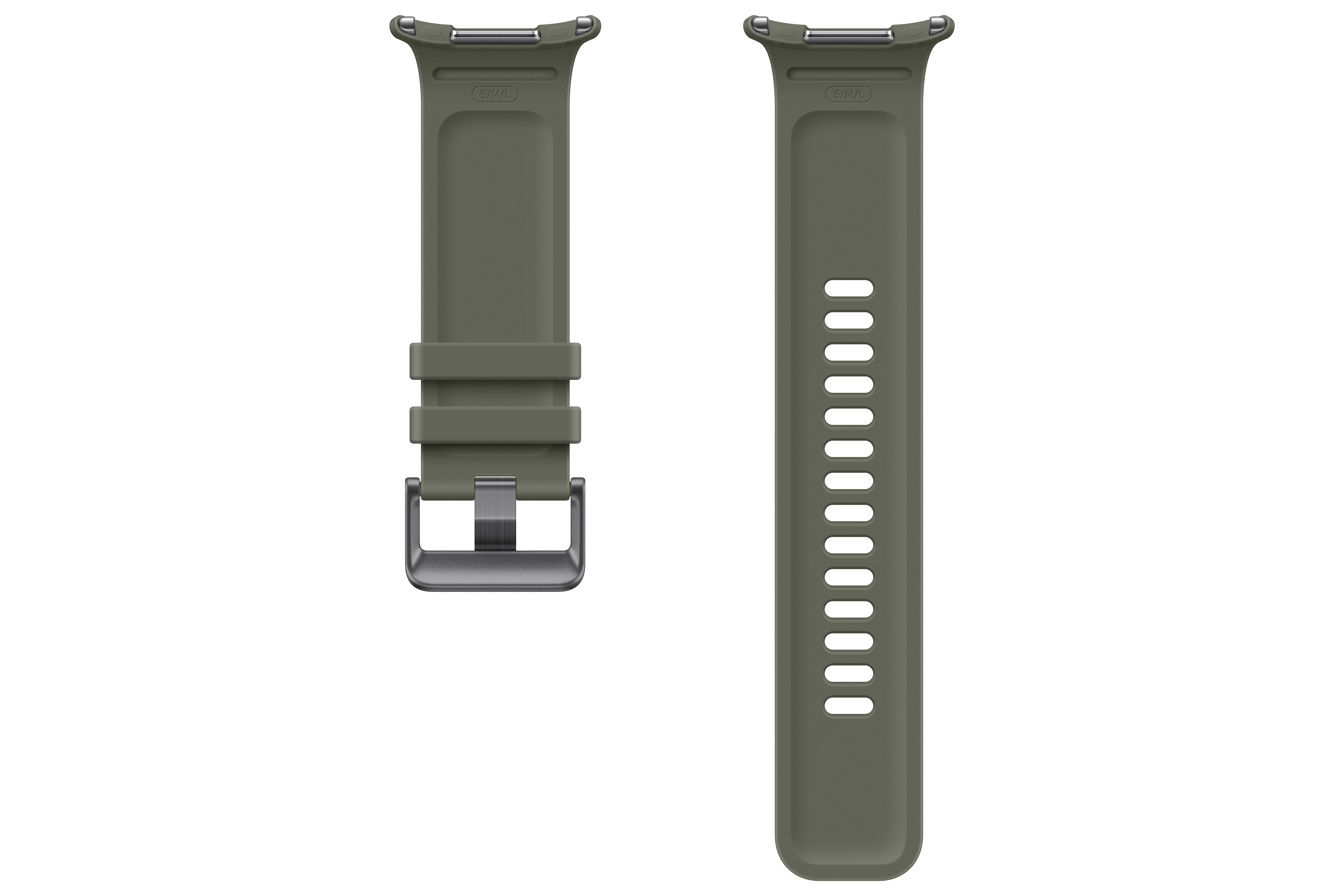 Zwei grüne Uhrenarmbänder, eines mit Schnalle, eines mit Löchern.