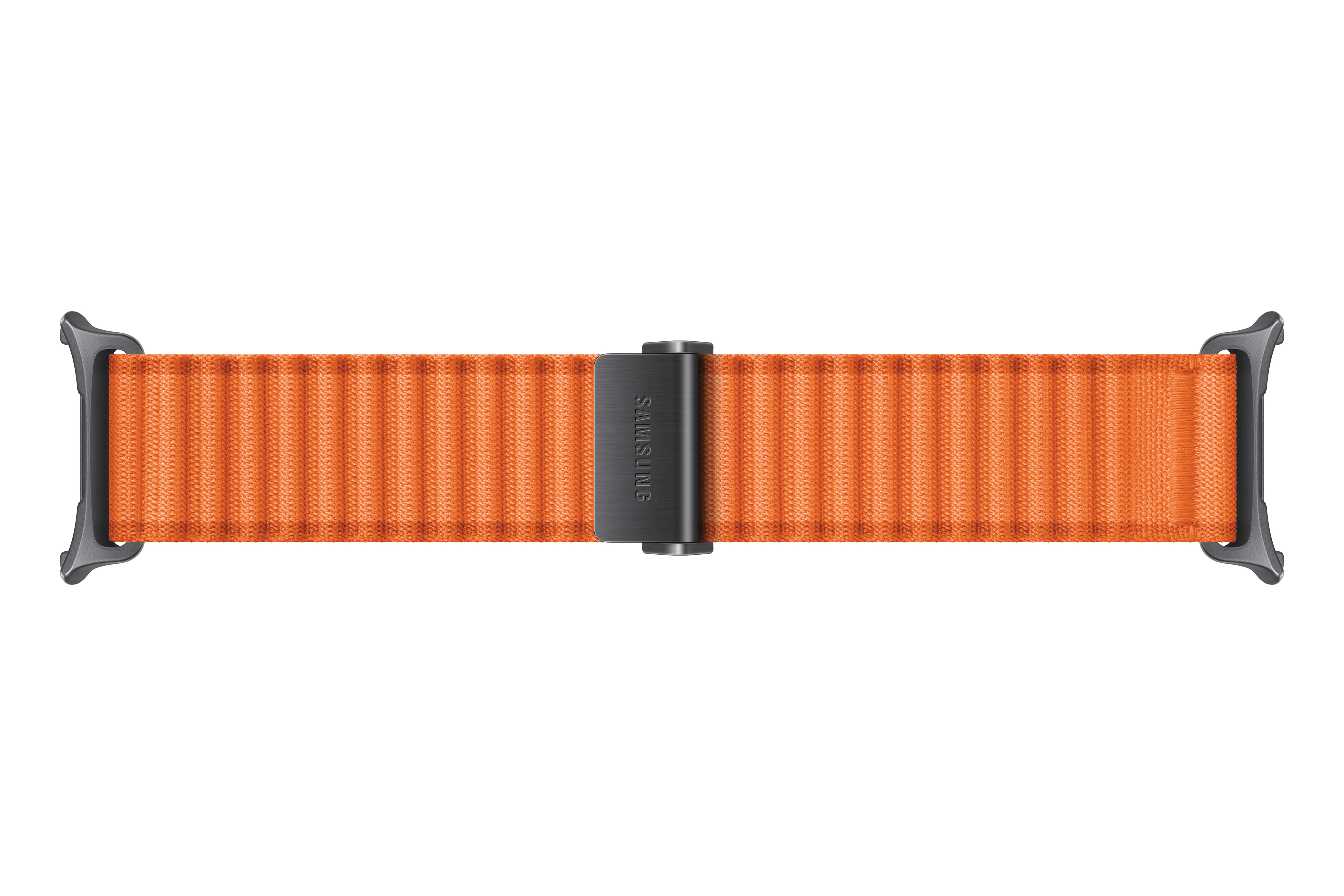 Ein oranges Samsung Uhrenarmband mit schwarzem Verschluss.