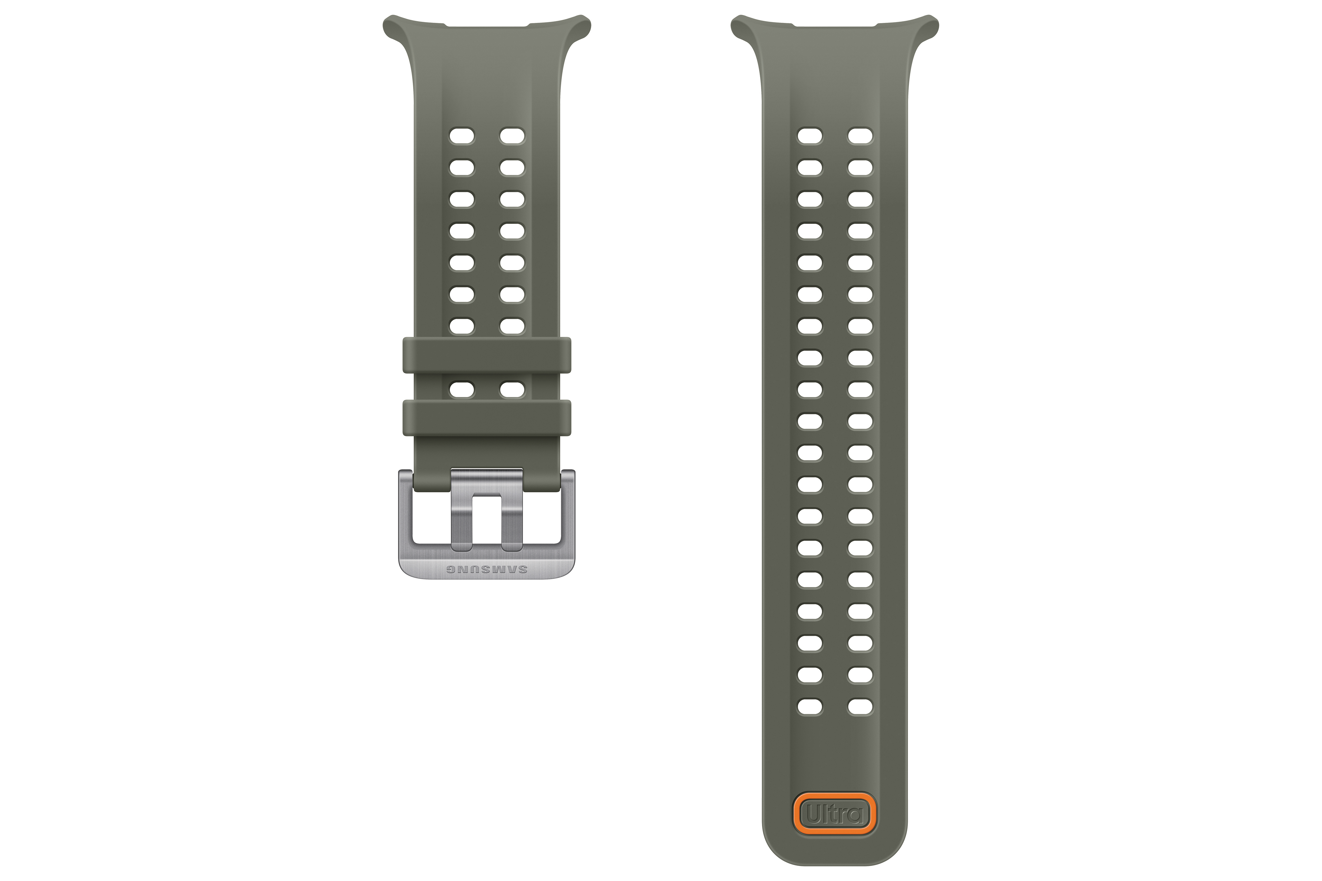 Graues Samsung-Uhrenarmband mit Löchern und Metallschnalle.
