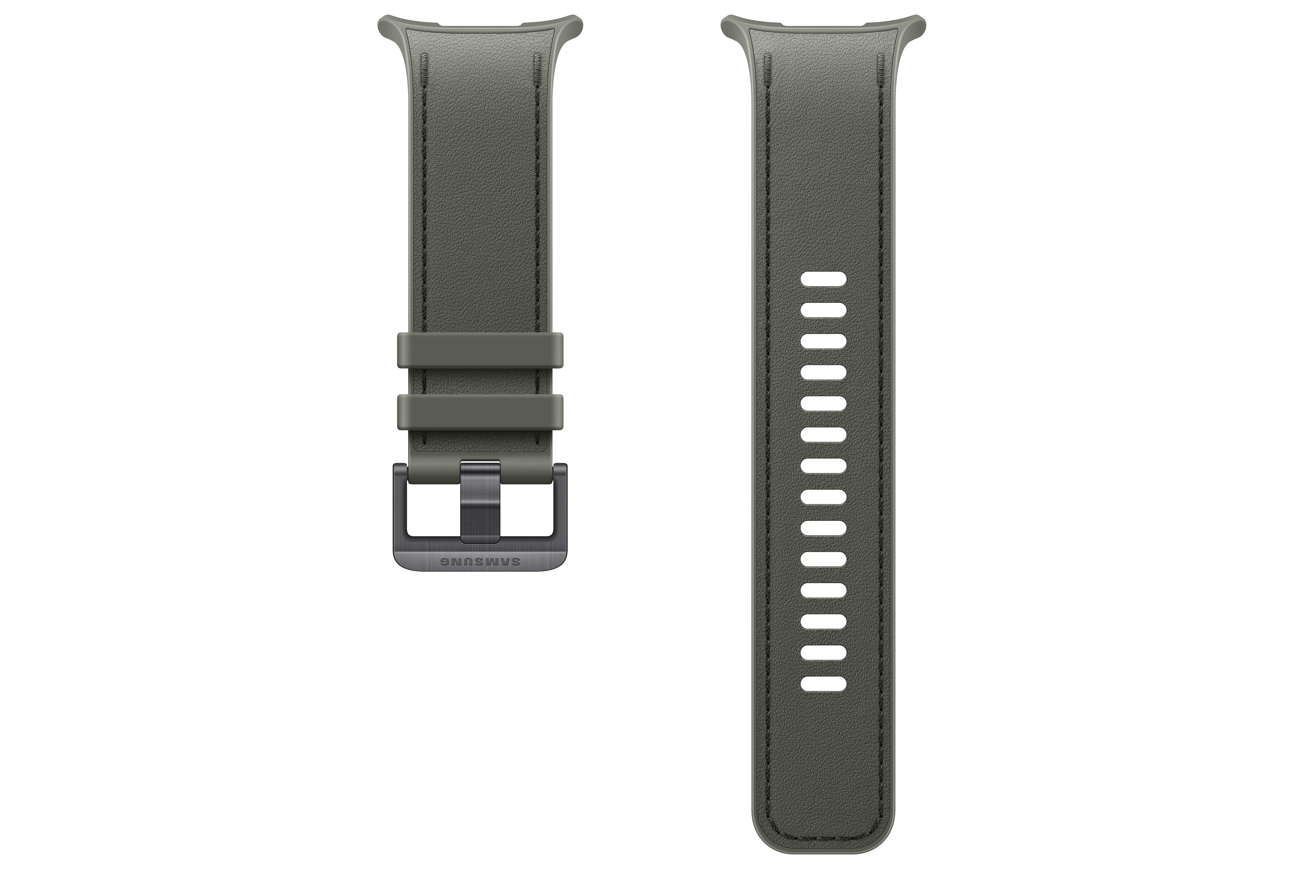 Ein dunkelgraues Lederarmband für eine Smartwatch mit Schnalle und Lochmuster.