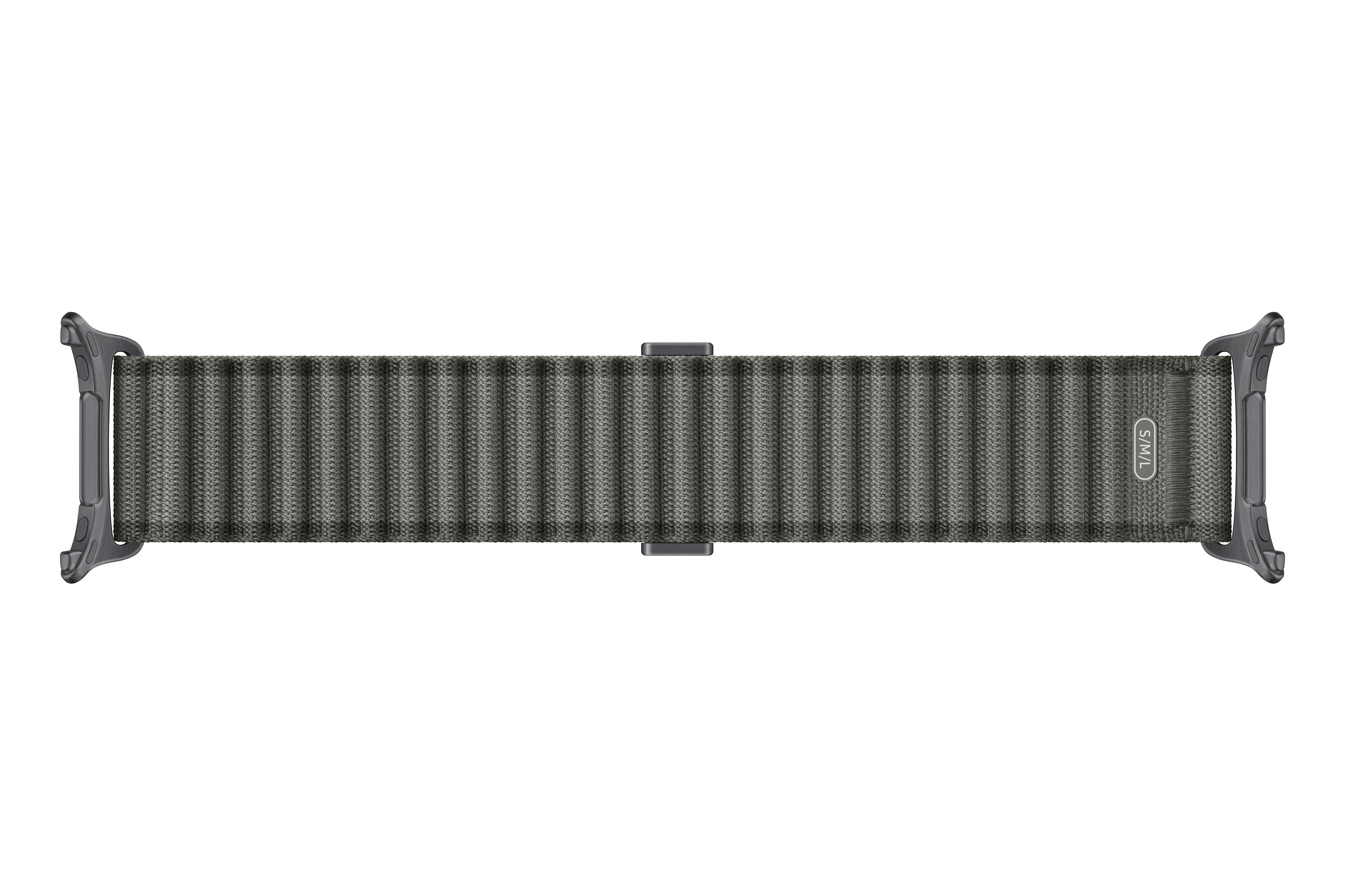 Graues, strukturiertes Uhrenarmband mit silbernem S/M-Etikett und dunklen Anschlüssen.