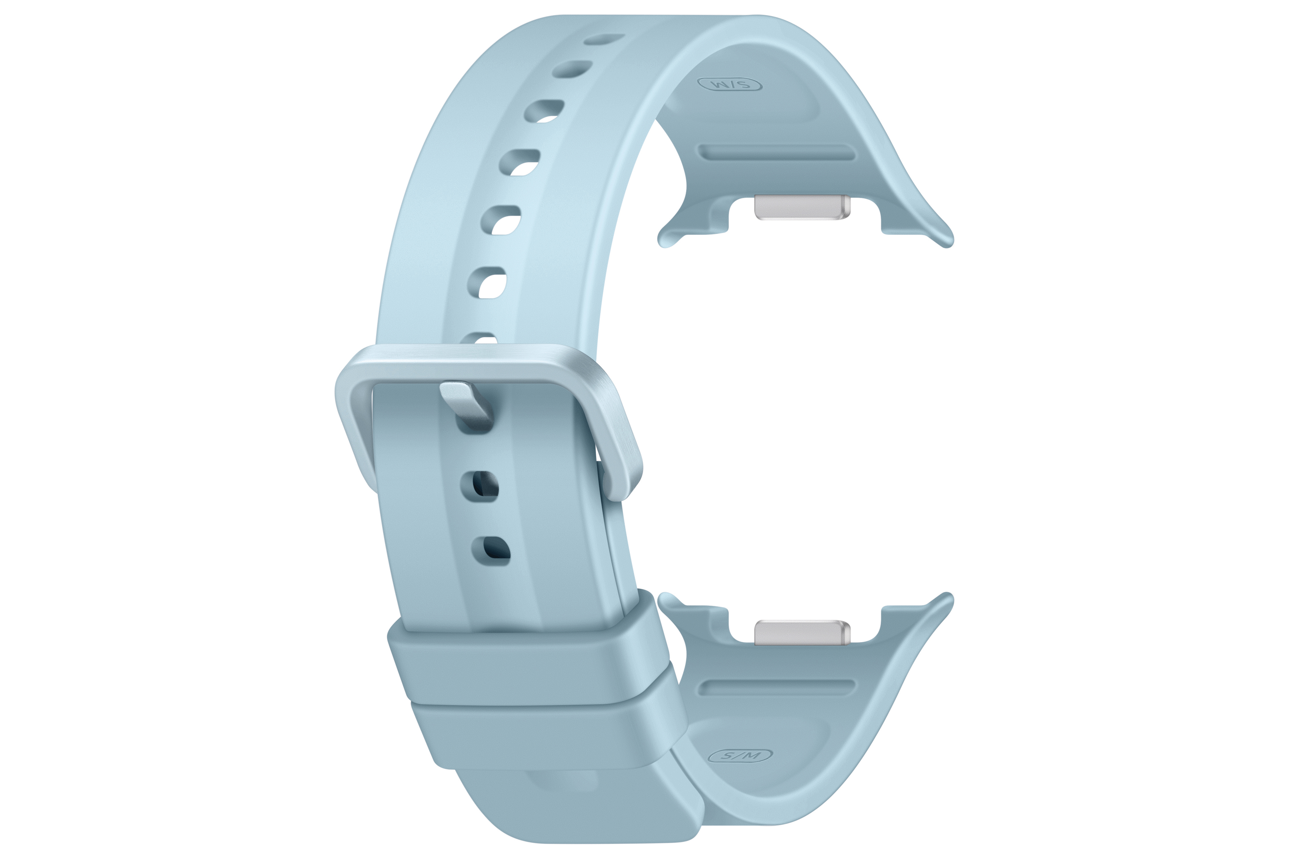 Ein hellblauer Uhrenarmband mit Dornschließe und Lochmuster.