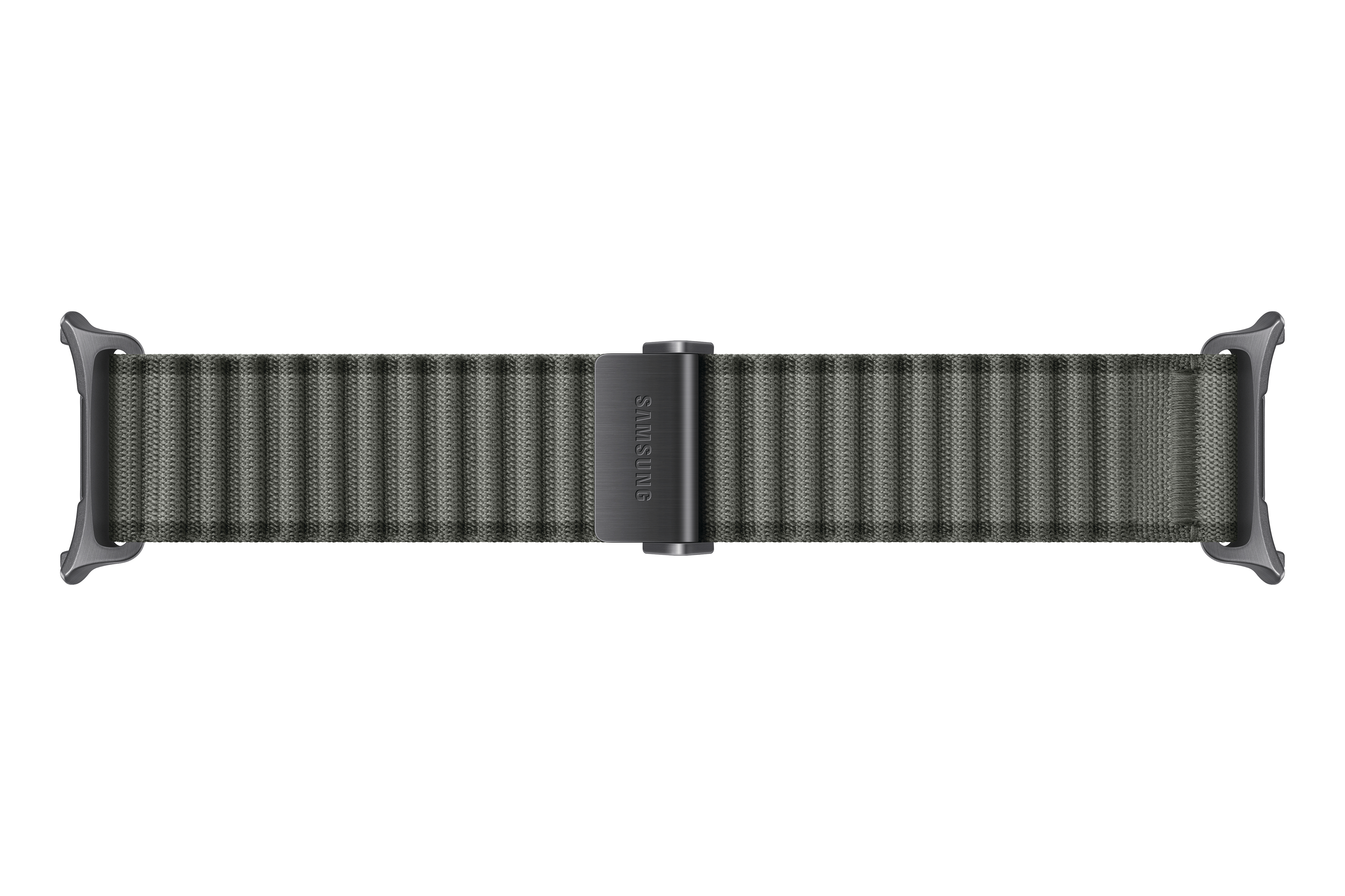 Graues Samsung Uhrenarmband mit Faltenstruktur und Metallschnalle.