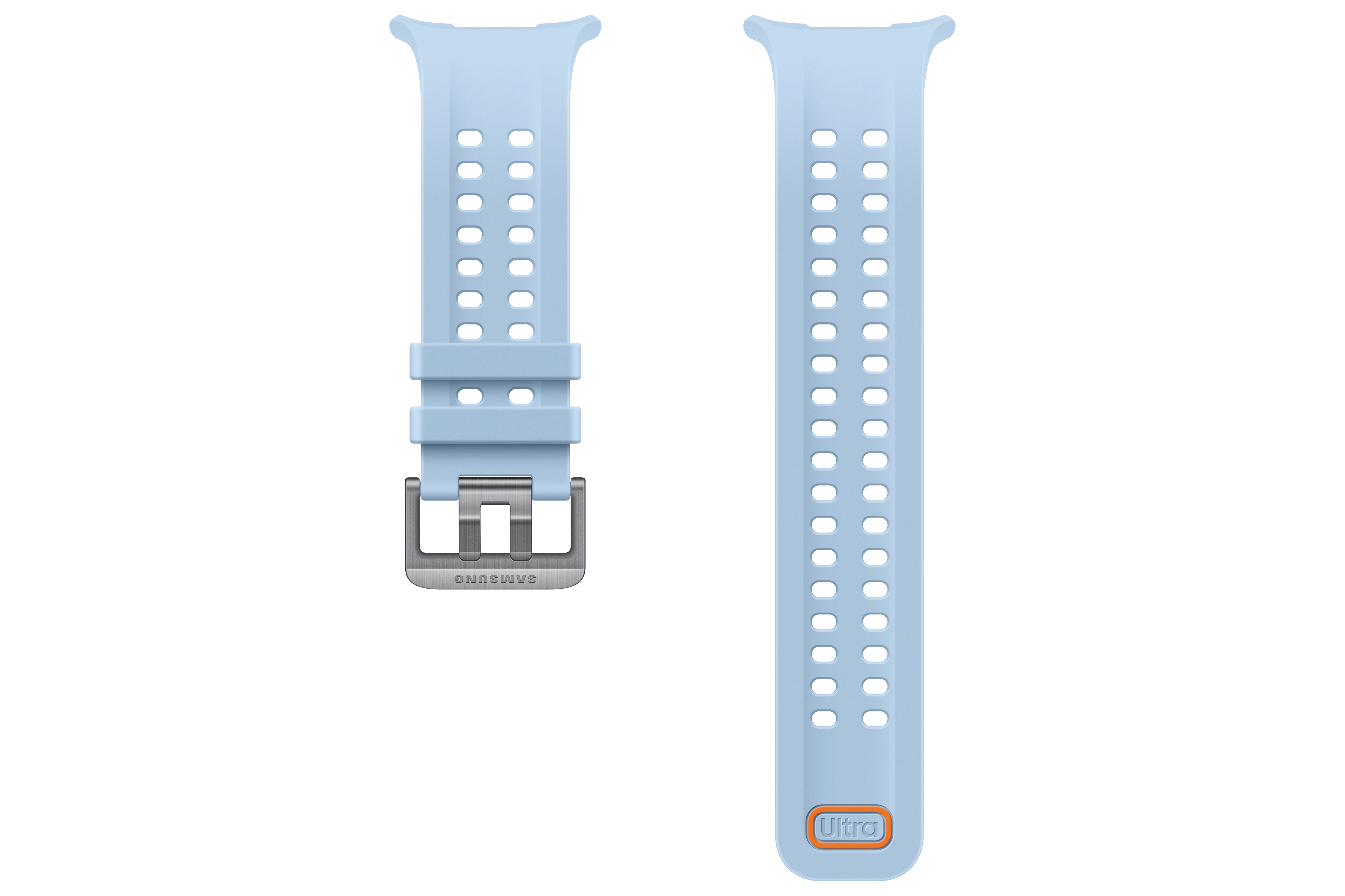 Ein hellblaues Uhrenarmband mit silberner Schnalle und orangenem "Ultra"-Logo.