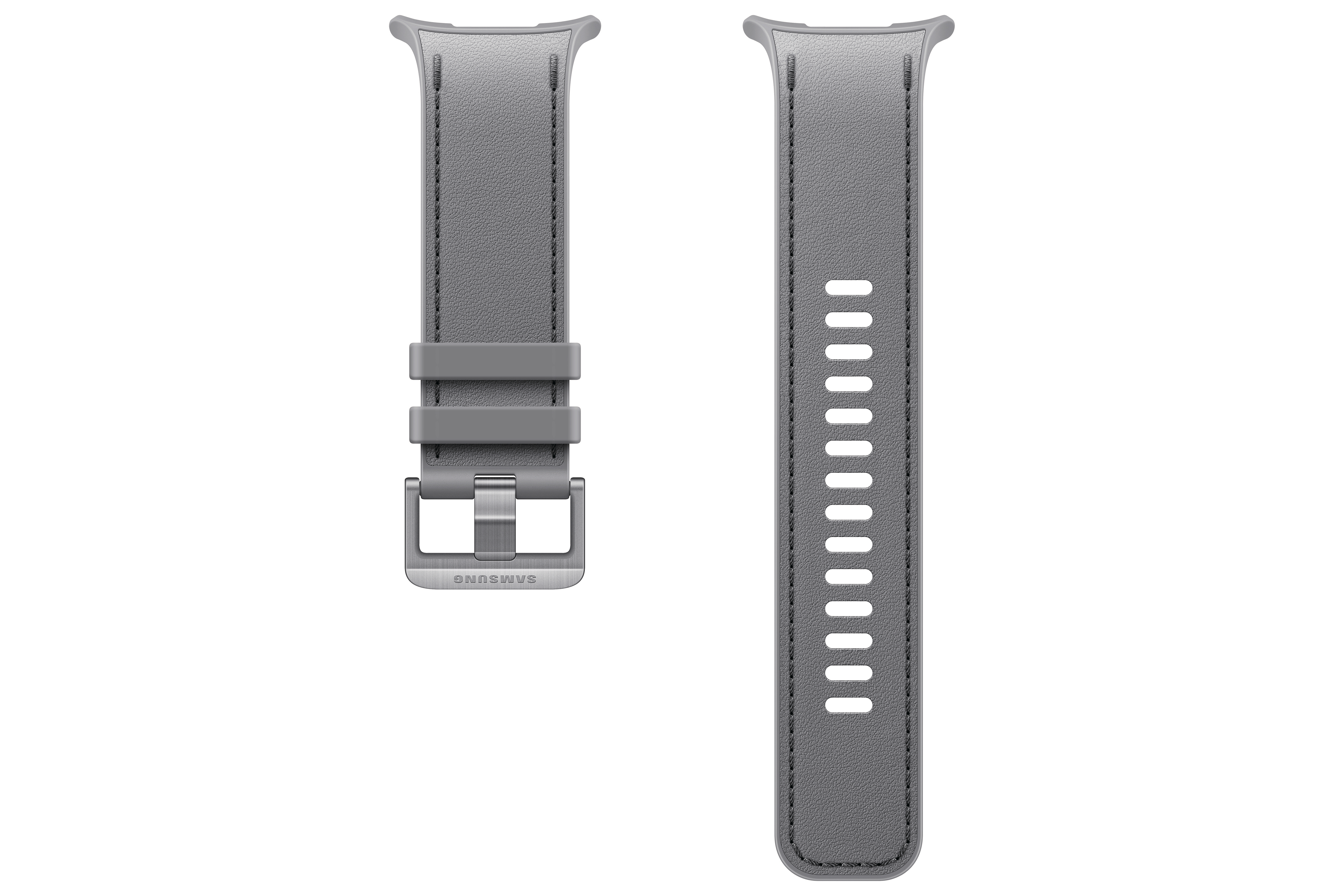 Zwei graue Uhrenarmbänder mit Nähten. Eines hat eine Schnalle.