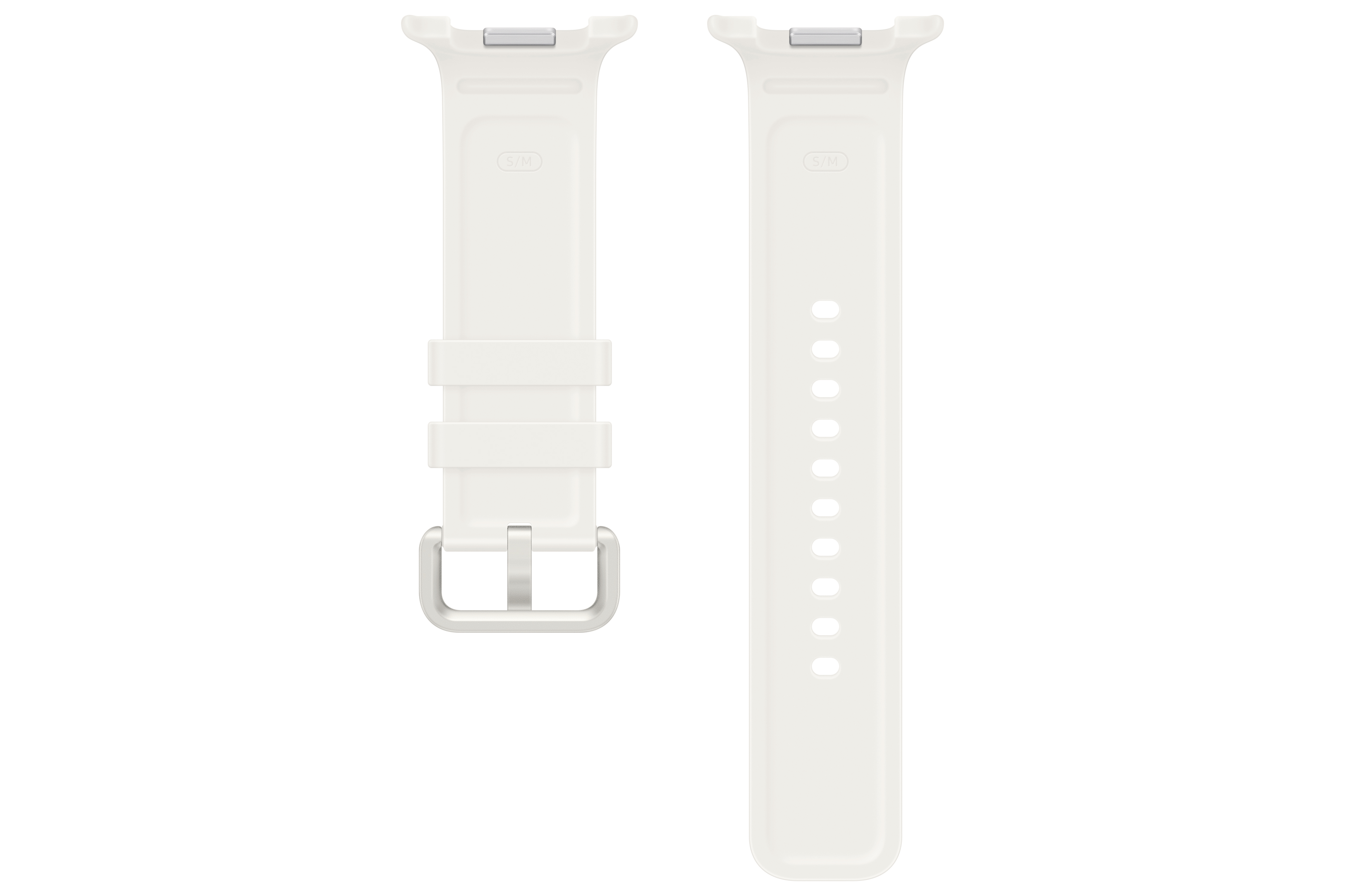 Zwei weiße Uhrenarmbänder, eines mit Schnalle, das andere mit Löchern.