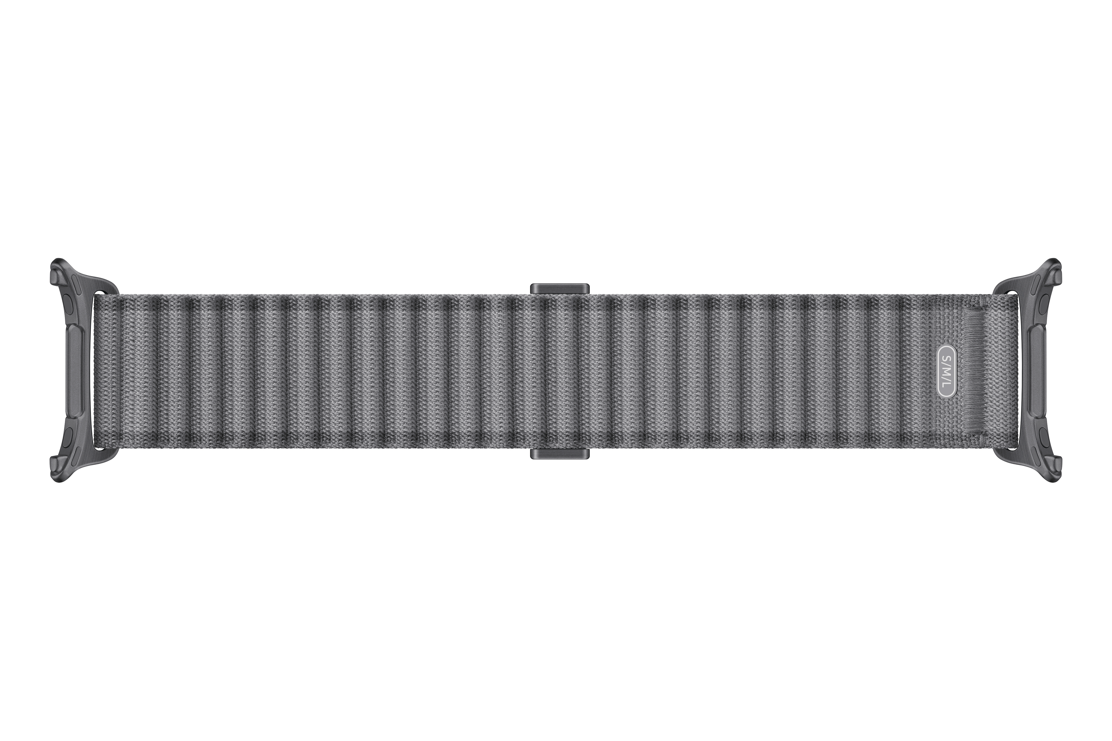 Graues Gewebe-Armband mit silbernen Anschlüssen und S/M-Prägung.