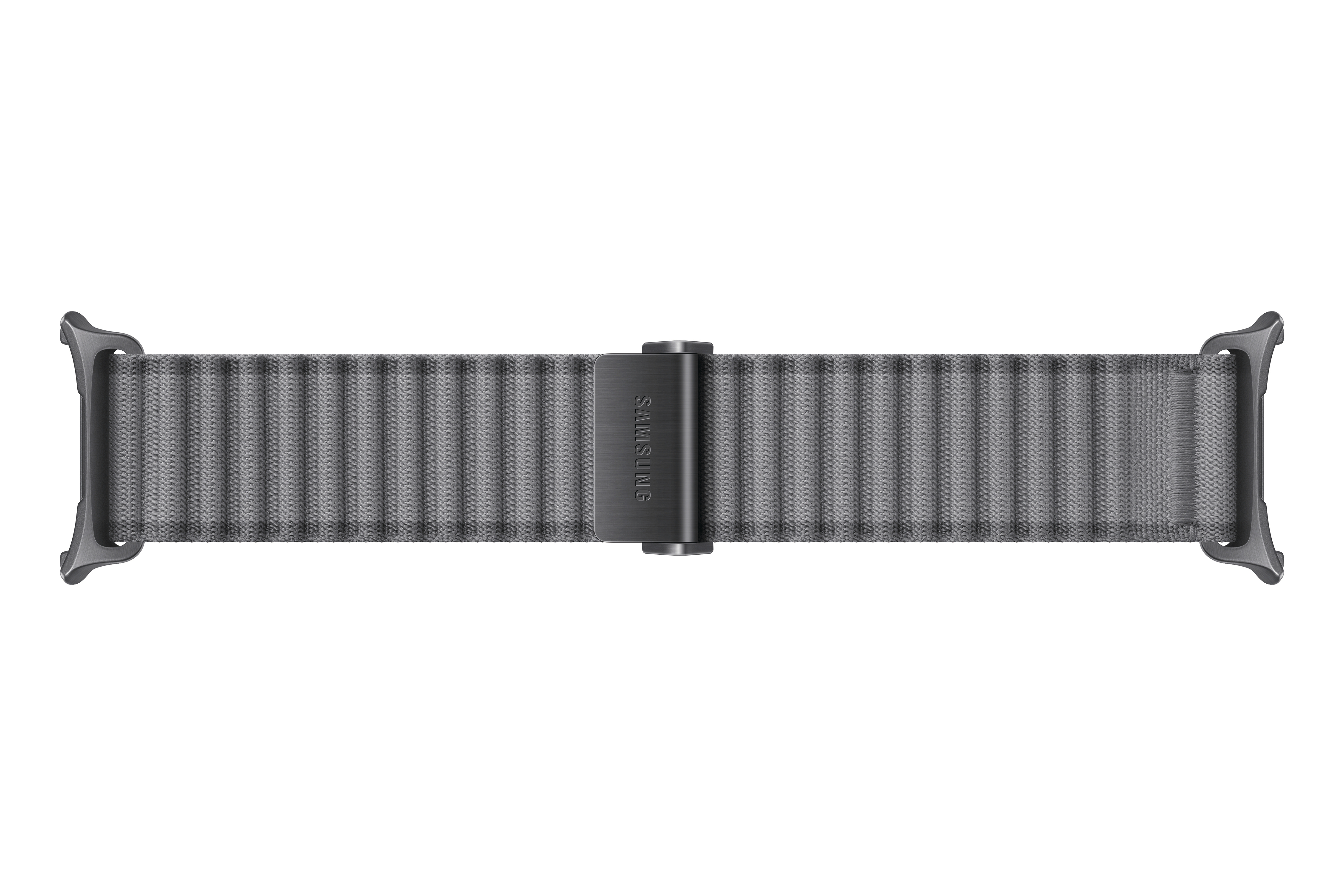 Graues Stoffarmband für eine Smartwatch mit schwarzem Verschluss.