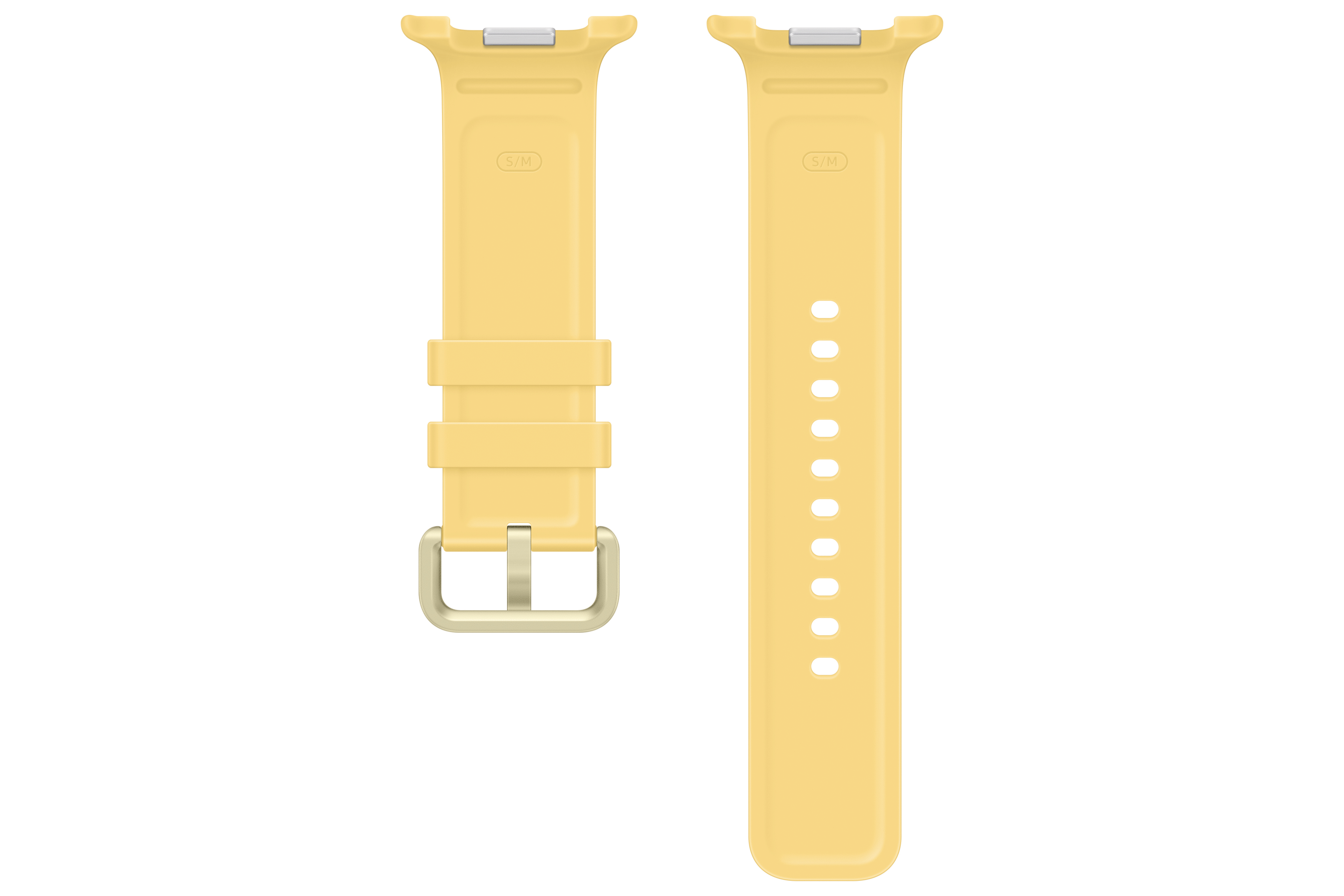 Zwei gelbe Uhrenarmbänder mit silbernen Schnallen und Lochreihen.