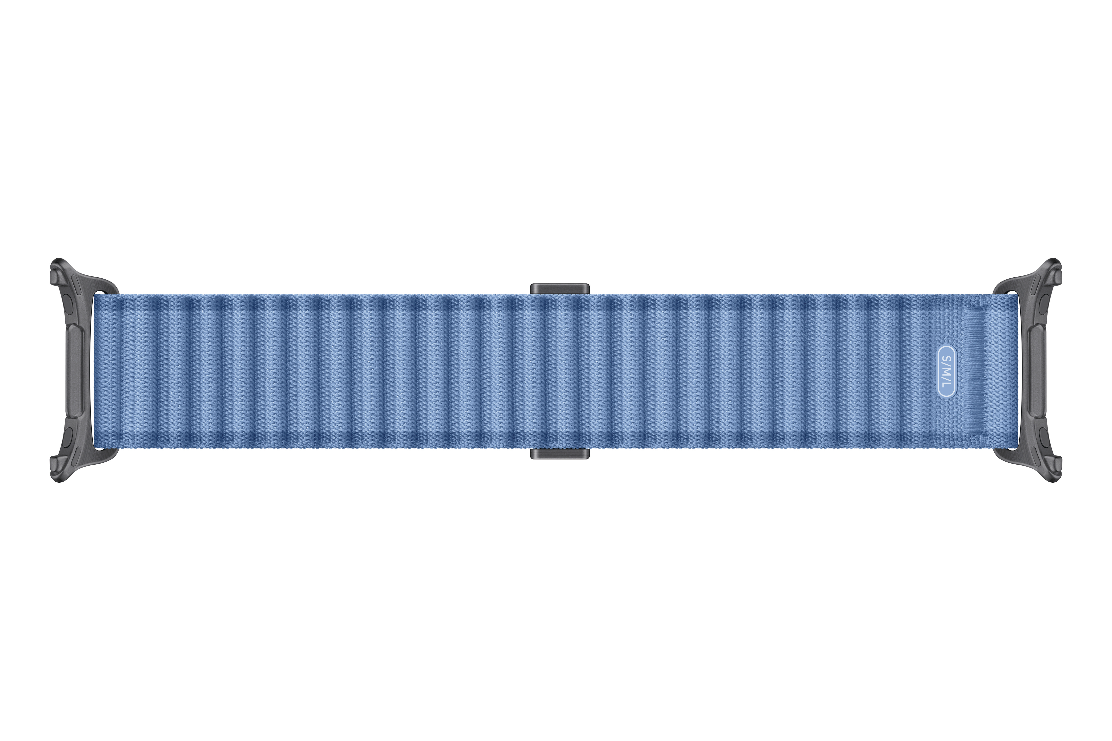 Ein hellblaues gewebtes Uhrenarmband mit grauen Anschlüssen und L/XL-Markierung.