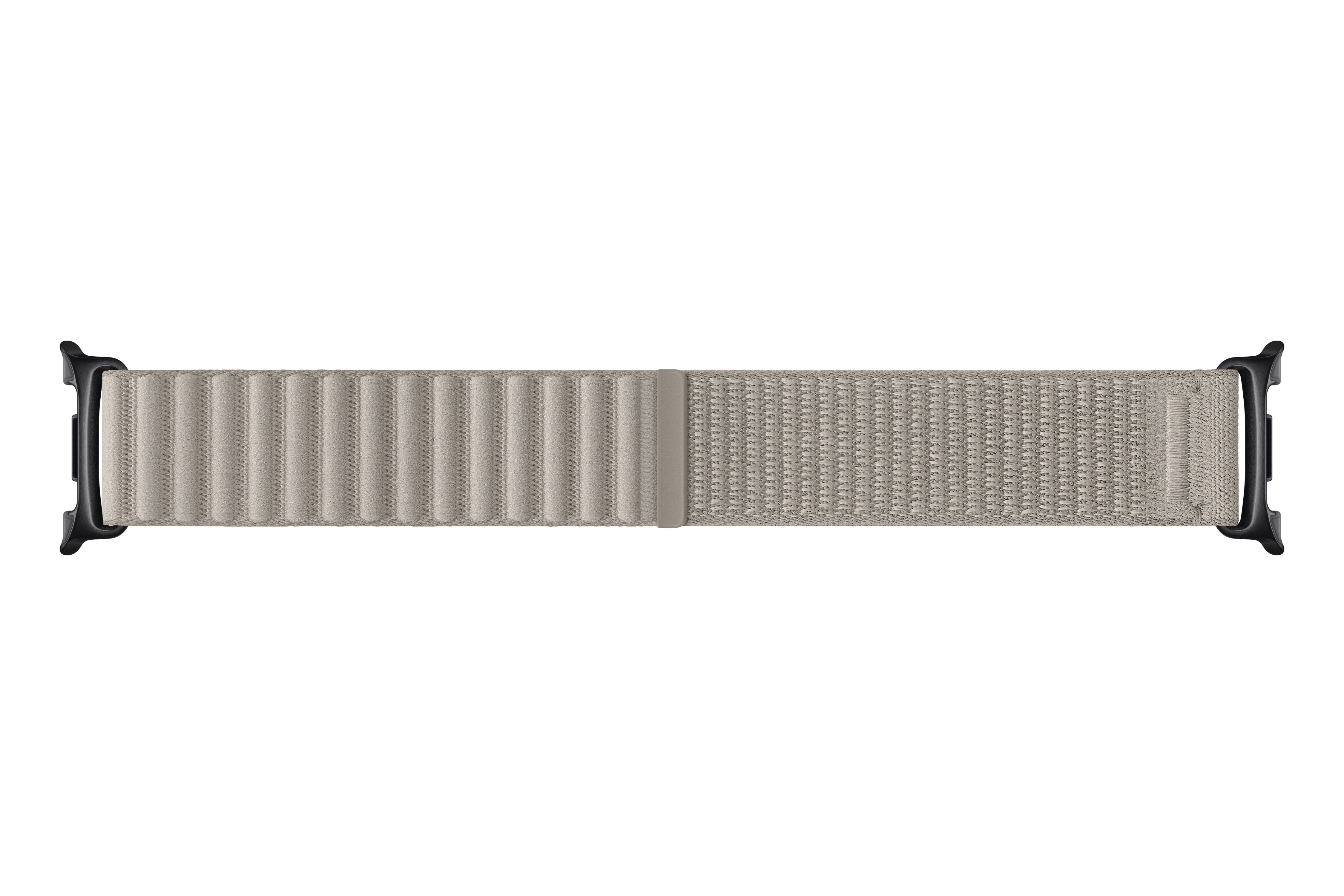 Ein hellgraues Gewebe-Uhrenarmband mit schwarzen Anschlüssen auf weißem Hintergrund.