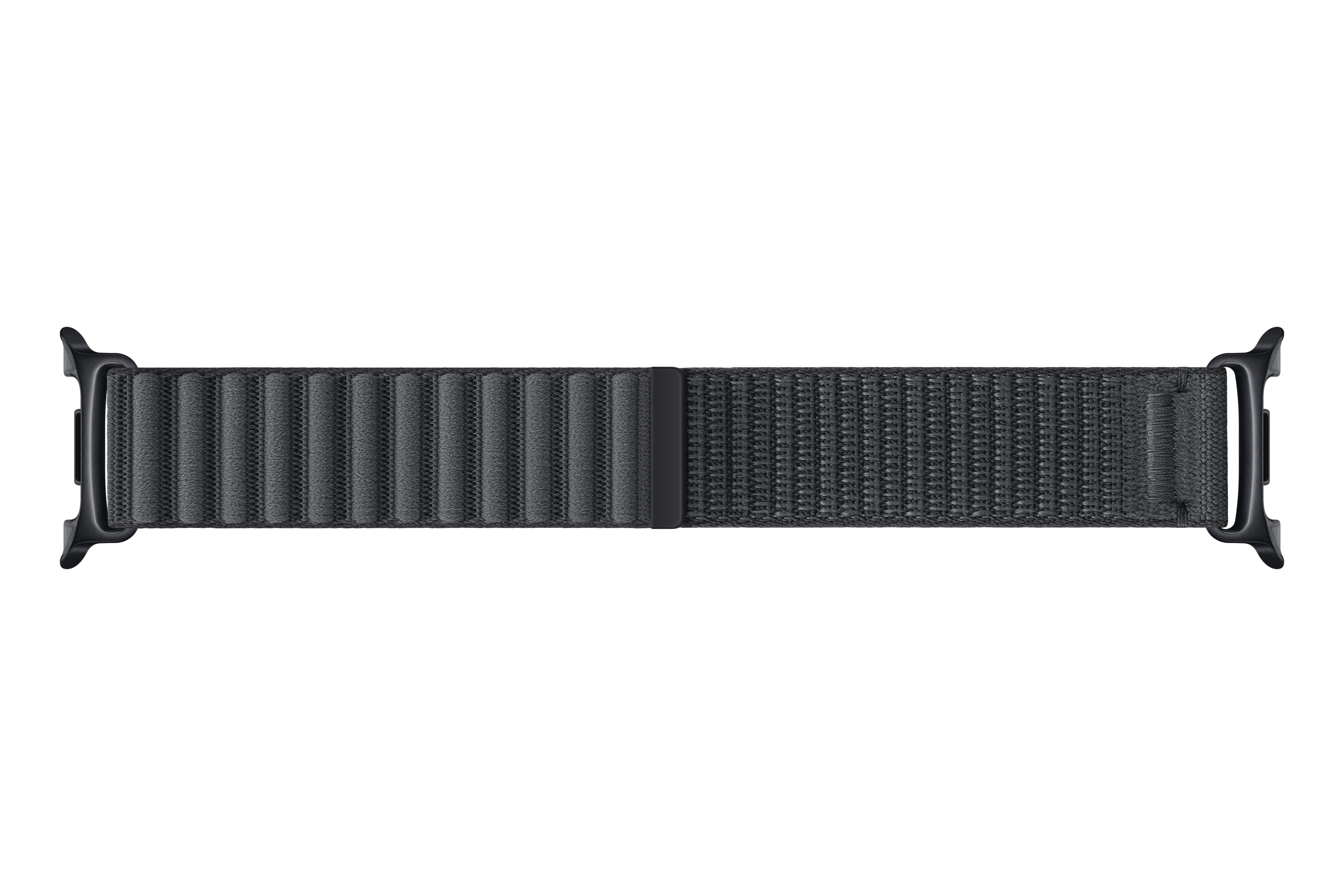 Ein graues Stoffarmband für eine Smartwatch mit schwarzen Anschlüssen.