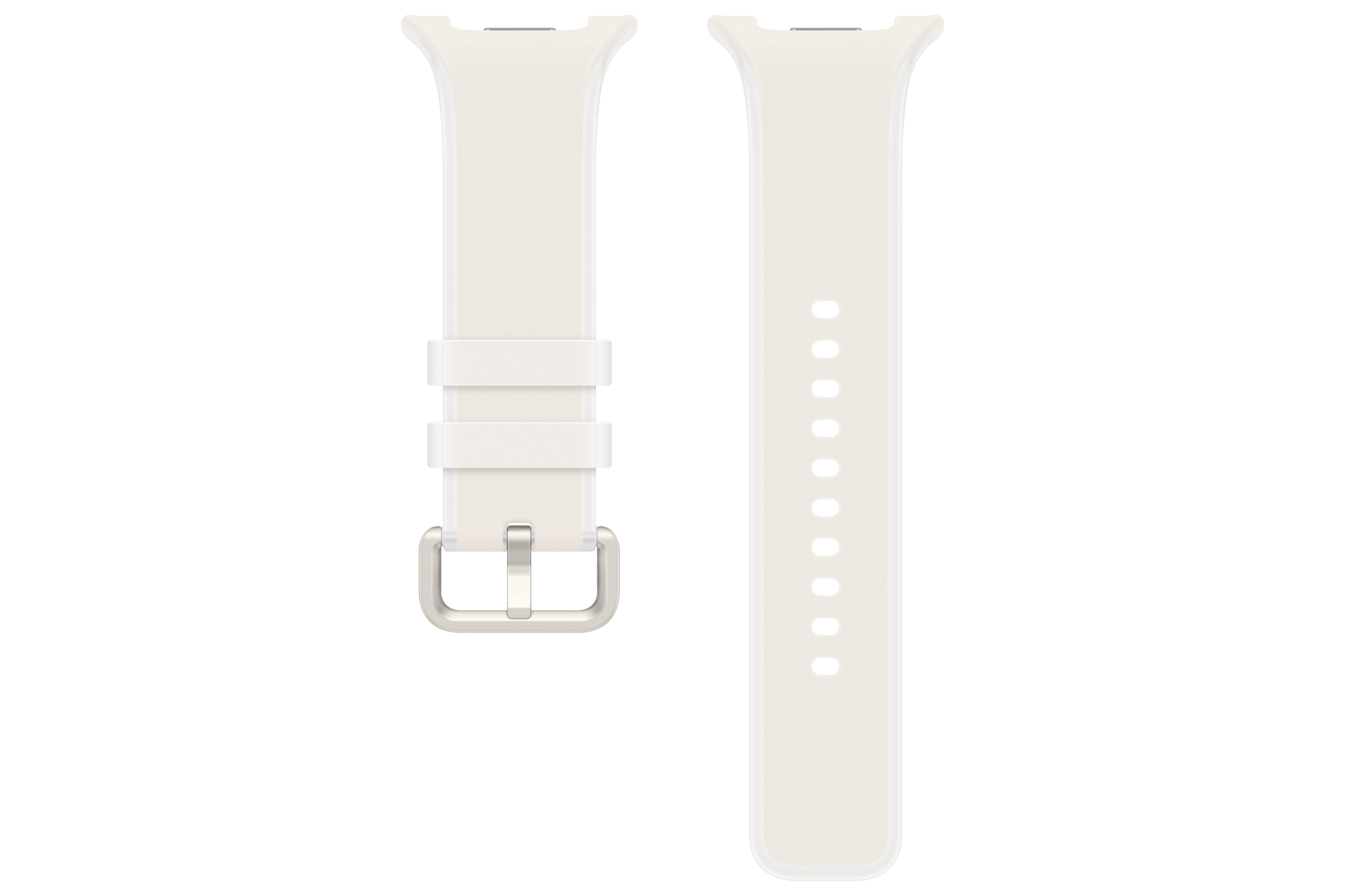 Ein cremefarbener Uhrenarmband mit silberner Schnalle und Lochung.