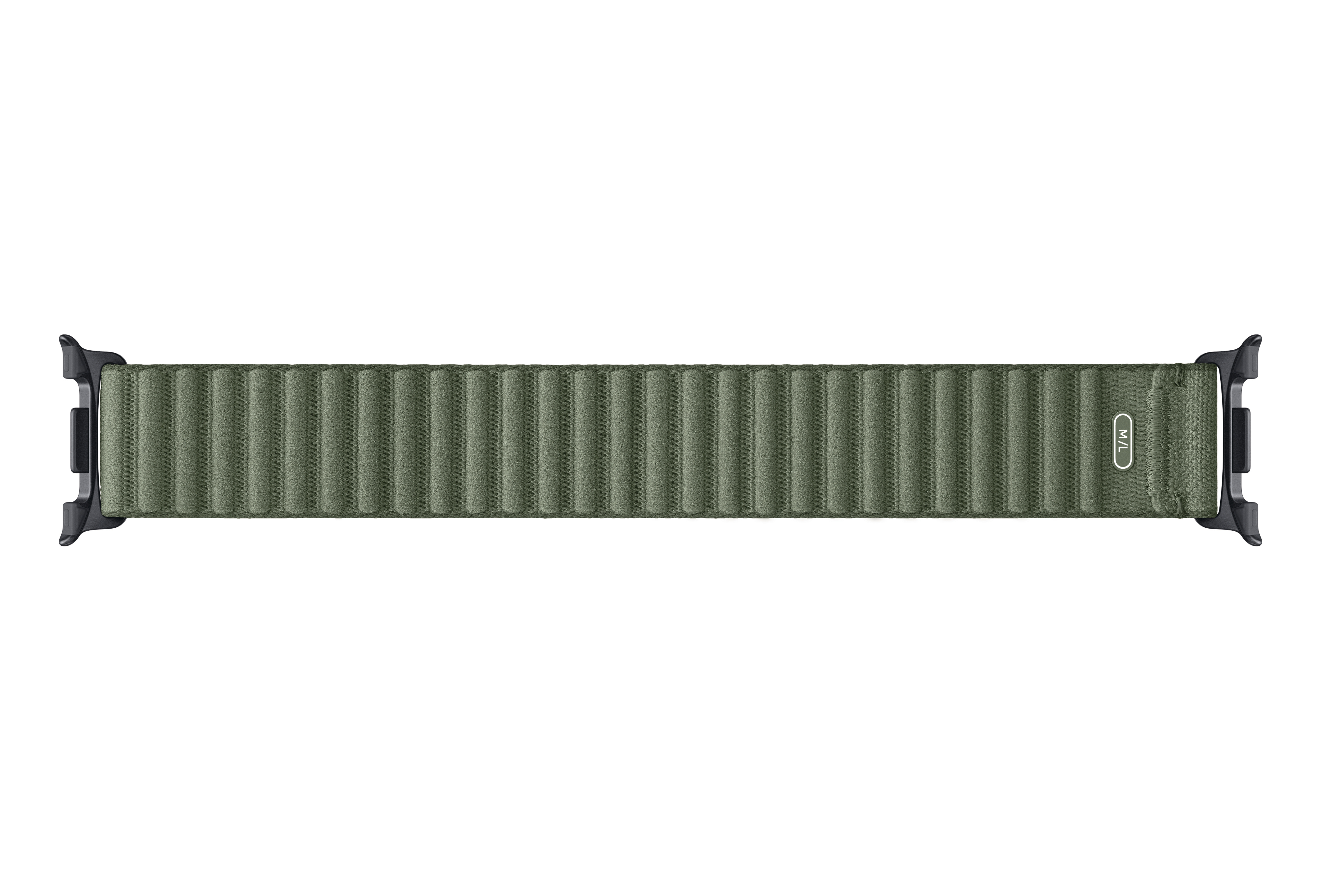 Grünes Stoffuhrenarmband mit Rillen und schwarzen Anschlüssen. M/L-Markierung.