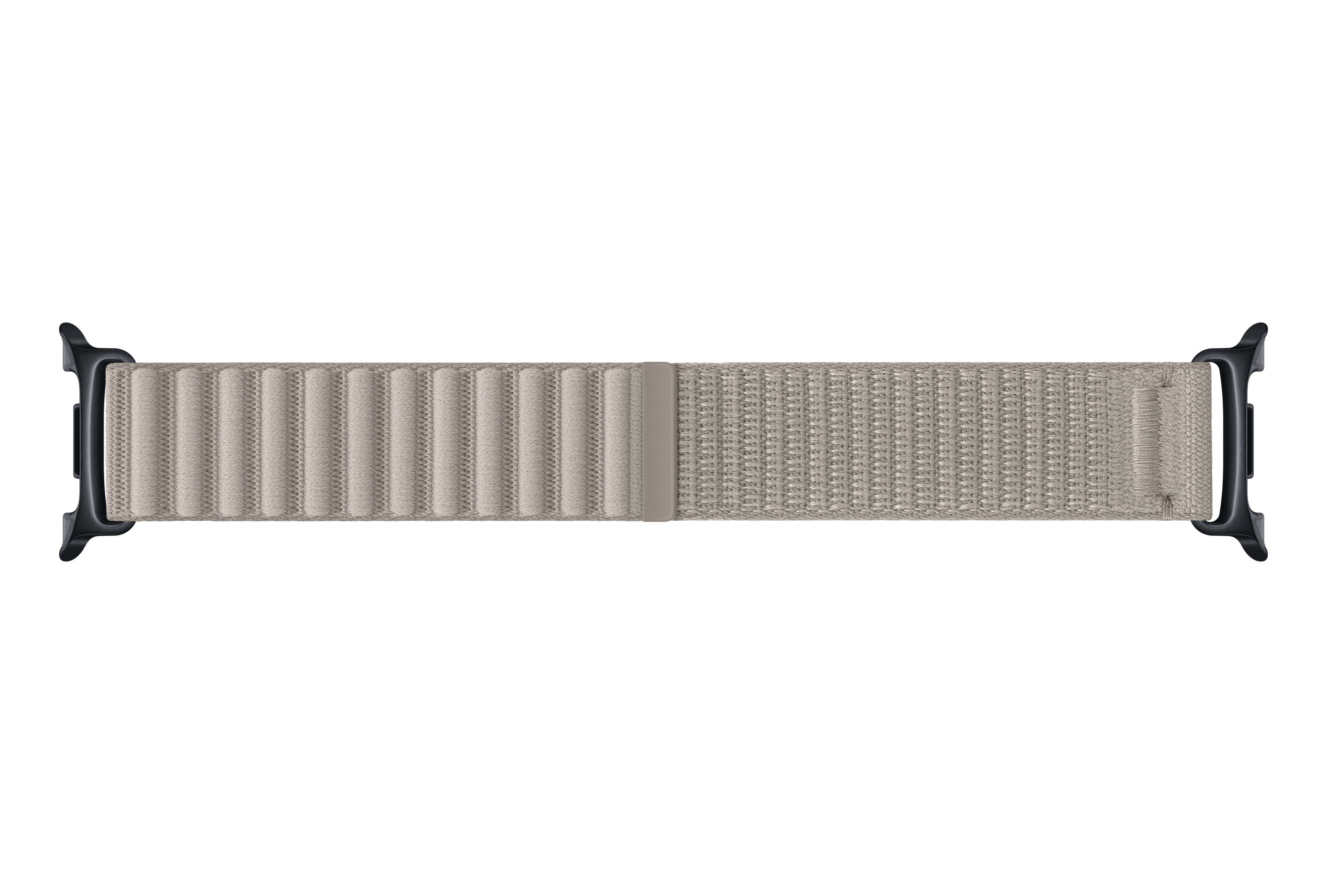 Ein hellbraunes Stoffarmband für eine Smartwatch mit schwarzen Anschlüssen.