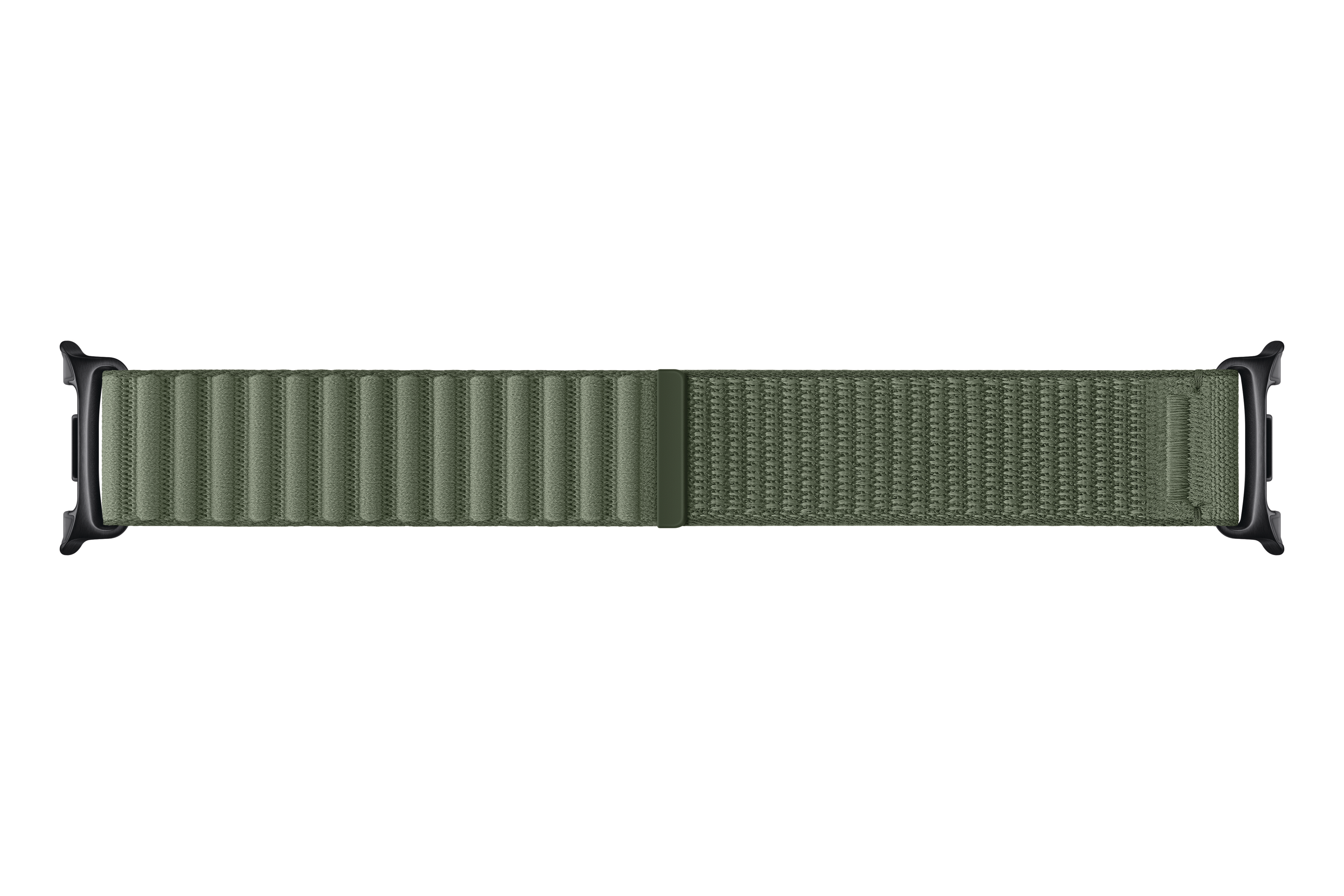 Ein dunkelgrünes Uhrenarmband aus Stoff mit schwarzen Anschlüssen.