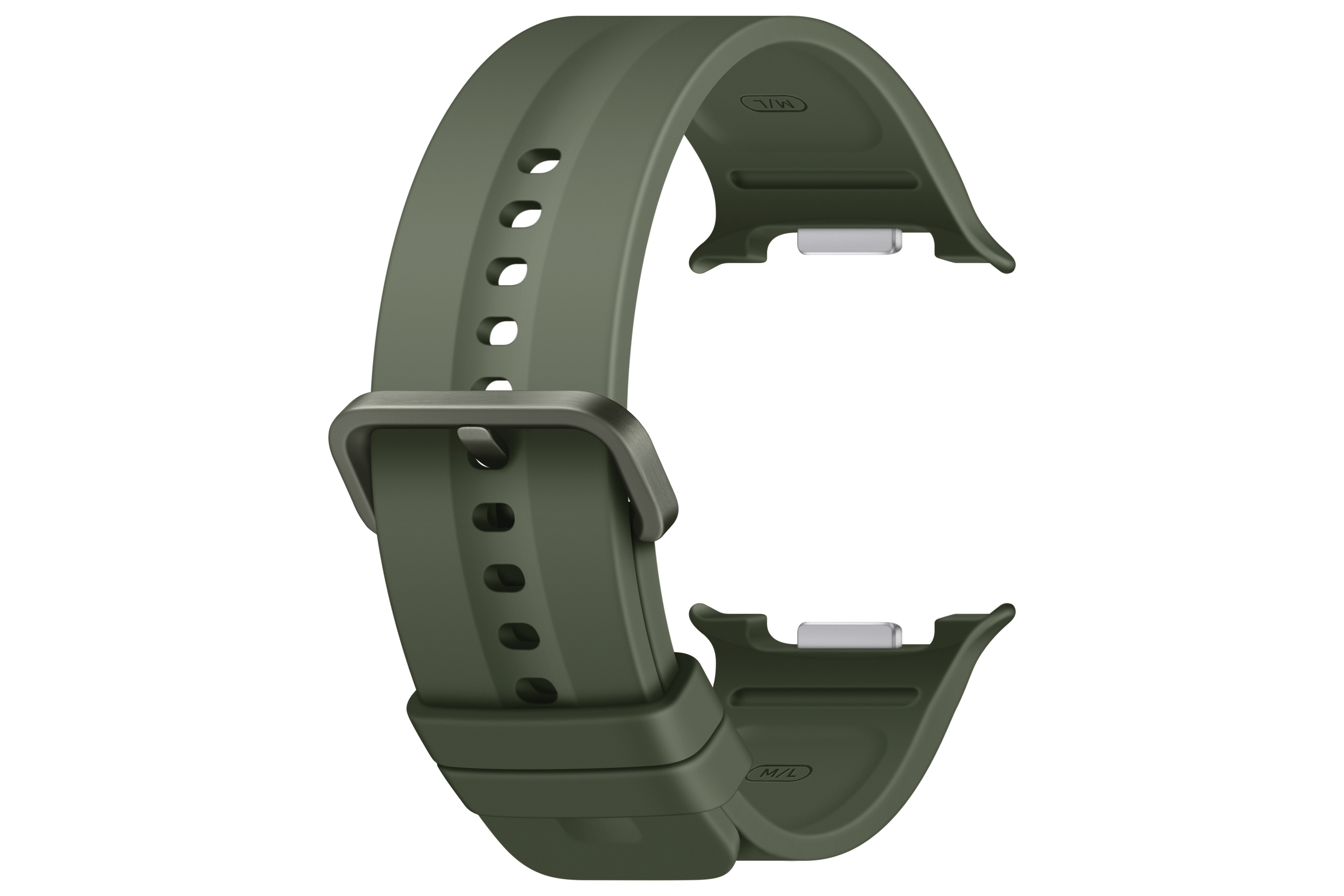 Dunkelgrünes Uhrenarmband aus Gummi mit Silberschließe und Lochmuster.