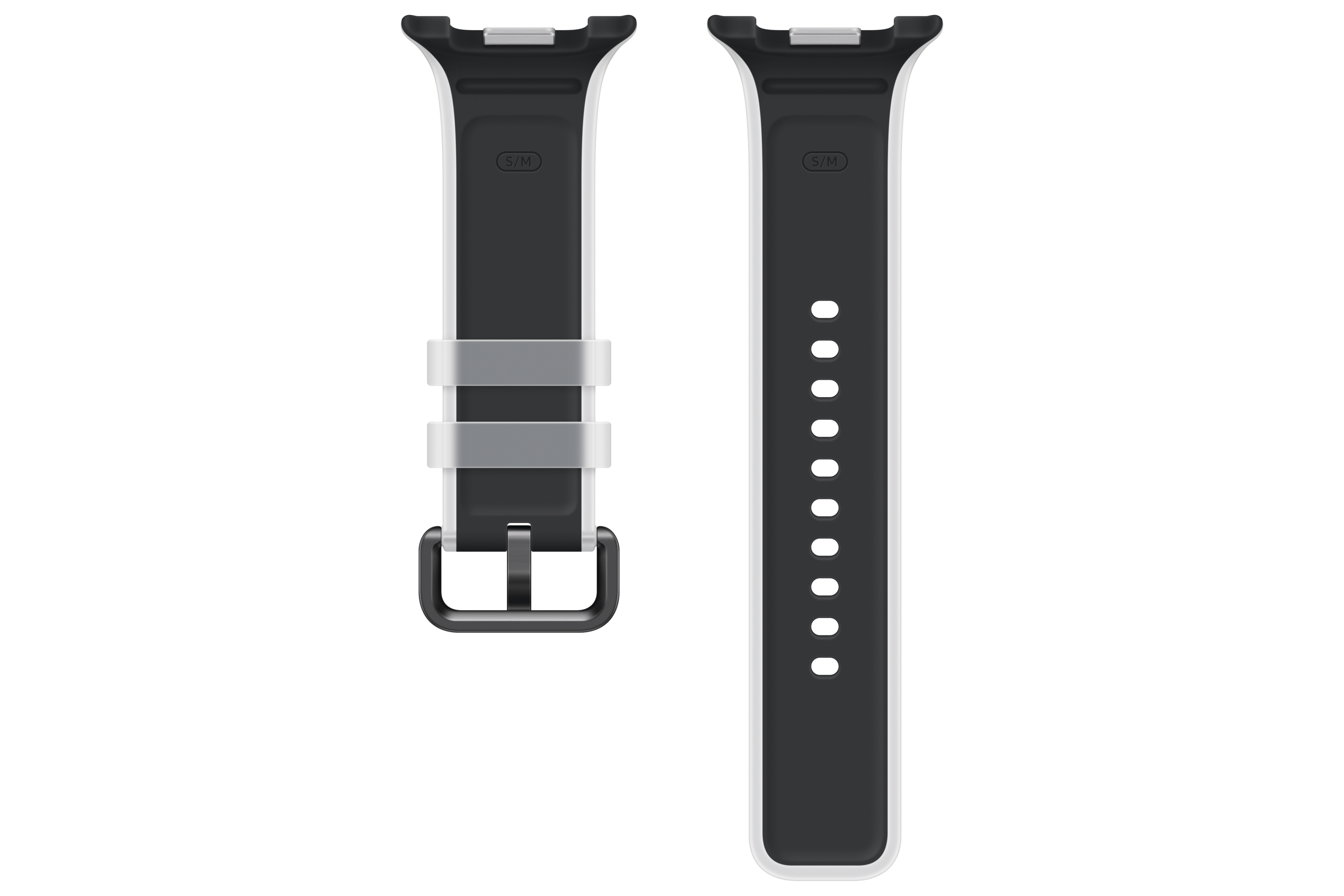 Zwei schwarze Uhrenarmbänder mit weißem Rand, eines mit Schnalle, das andere mit Löchern.