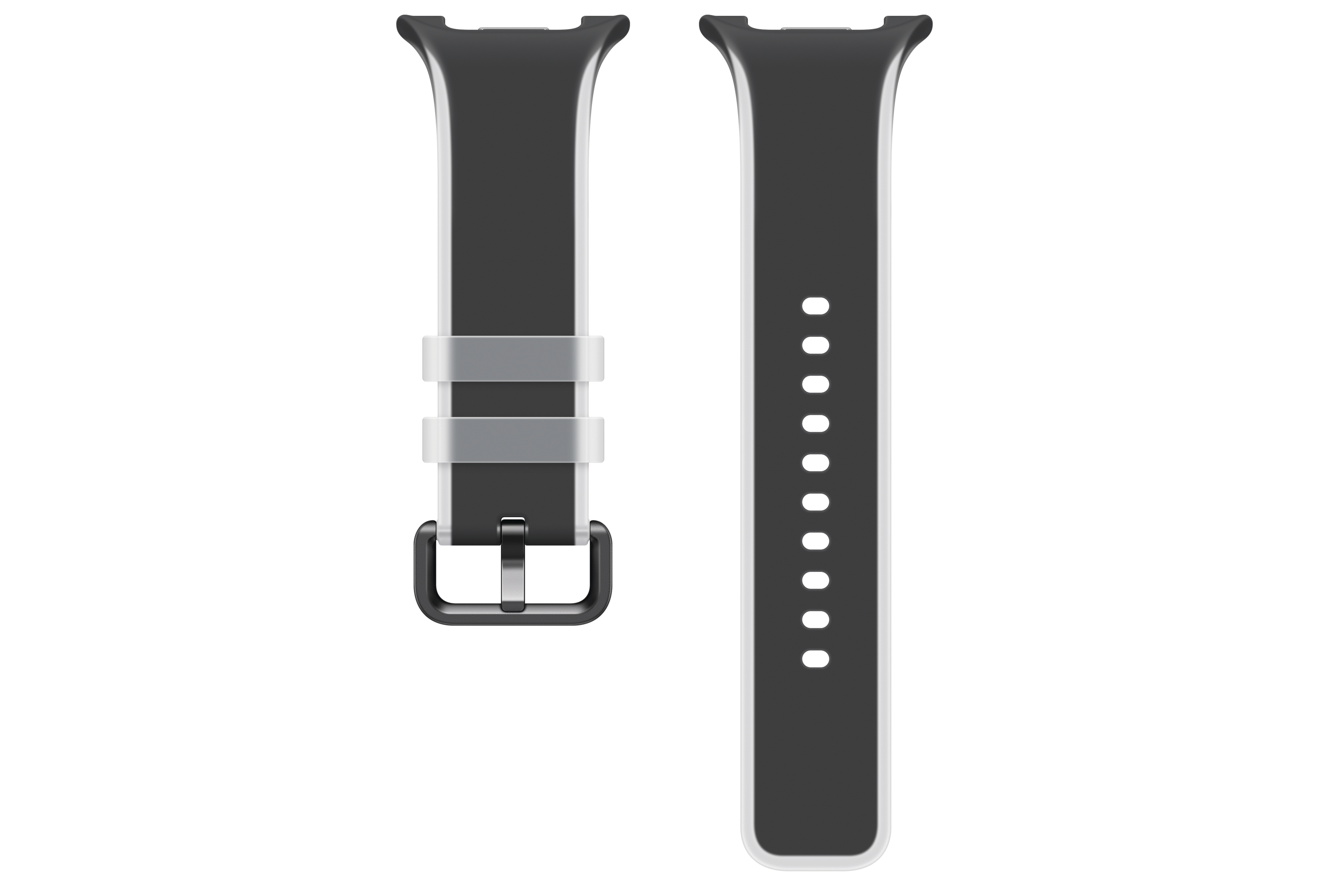 Zwei schwarze Uhrenarmbänder mit silbernen Schnallen und Löchern.