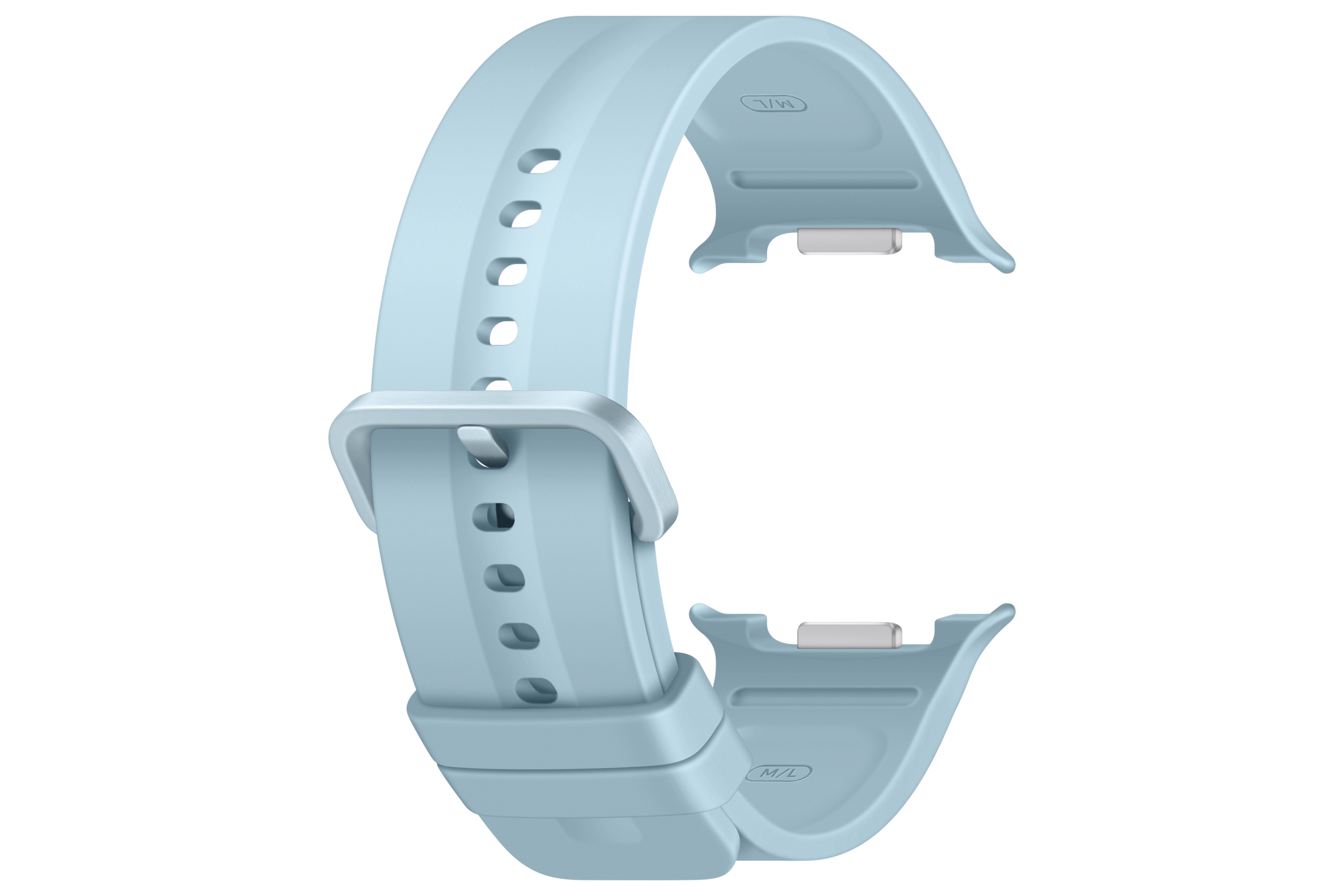 Hellblaues Uhrenarmband mit silberner Schnalle und Löchern.