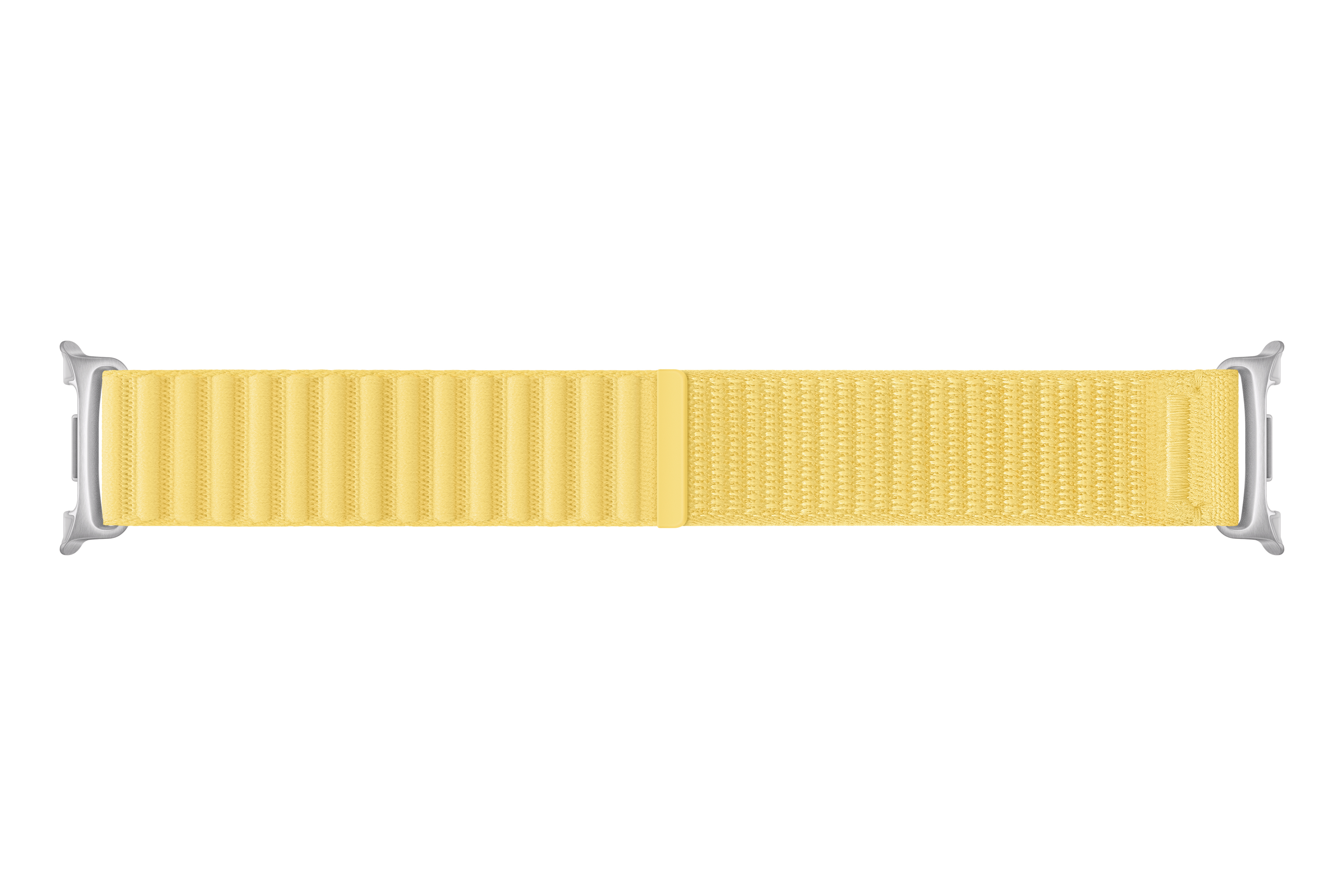 Ein gelbes Textilarmband für eine Smartwatch mit silbernen Anschlüssen.