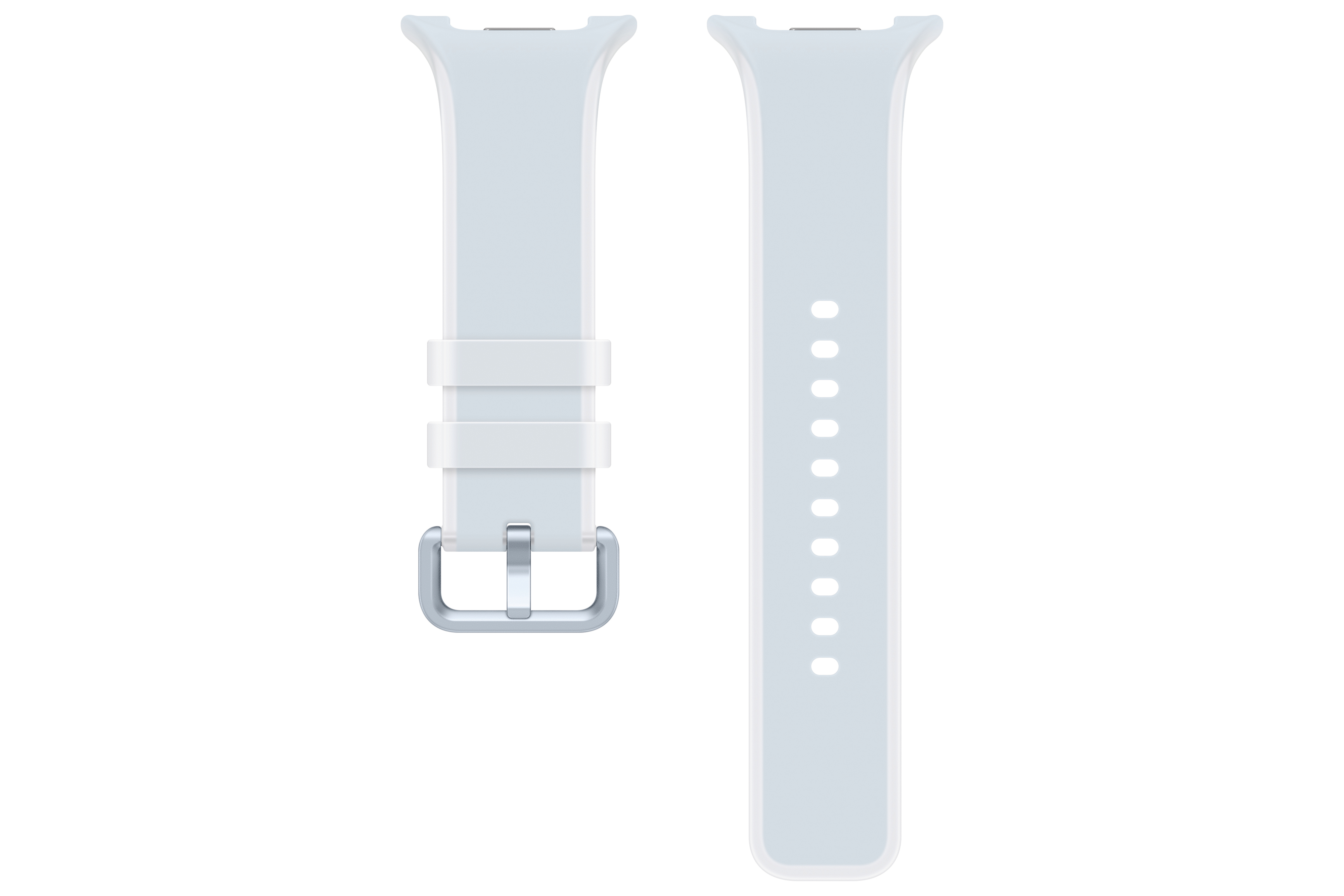 Ein hellgraues Uhrenarmband mit Dornschließe und Lochung, auf weißem Hintergrund.