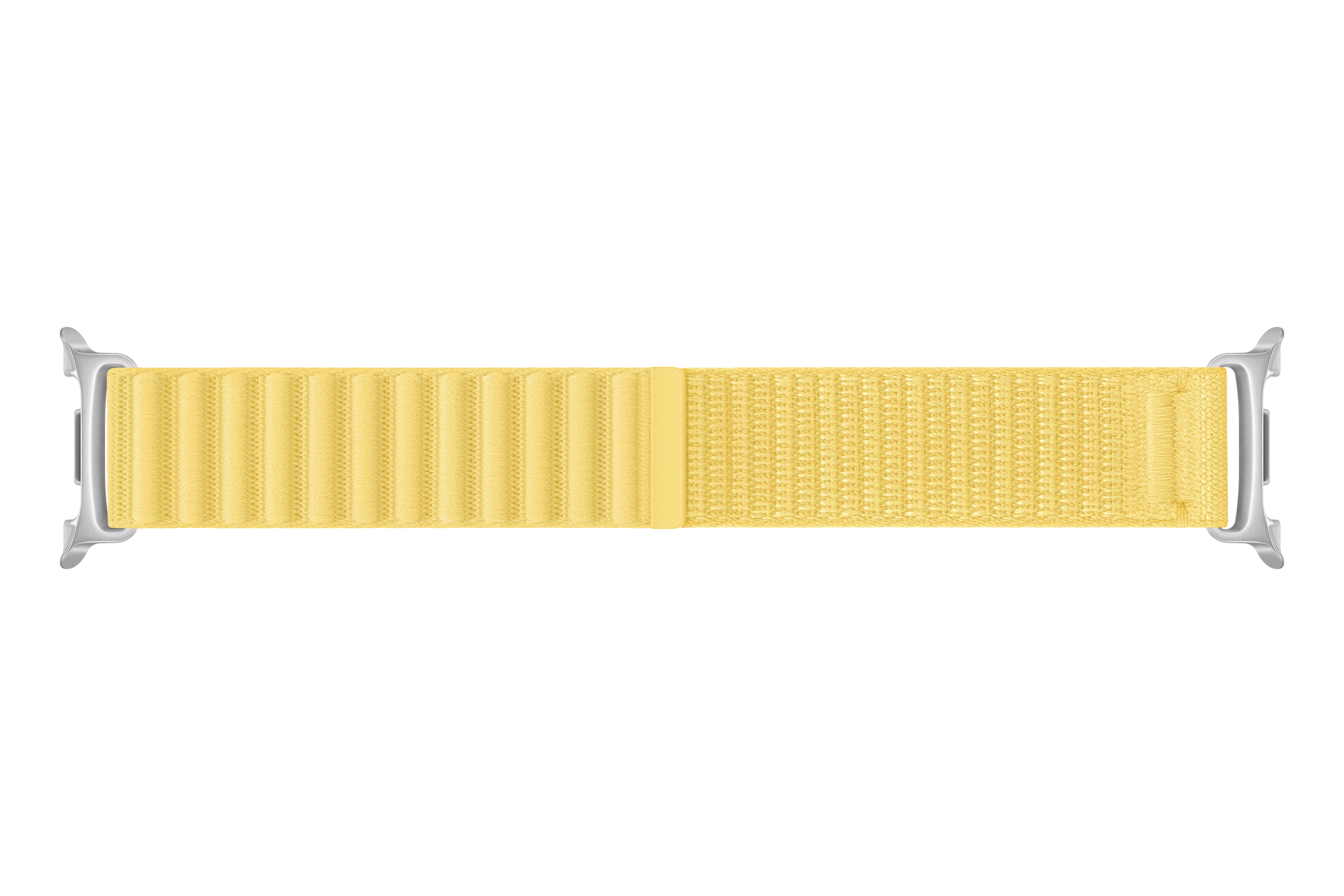 Ein gelbes Textilarmband mit silbernen Anschlüssen für eine Smartwatch.