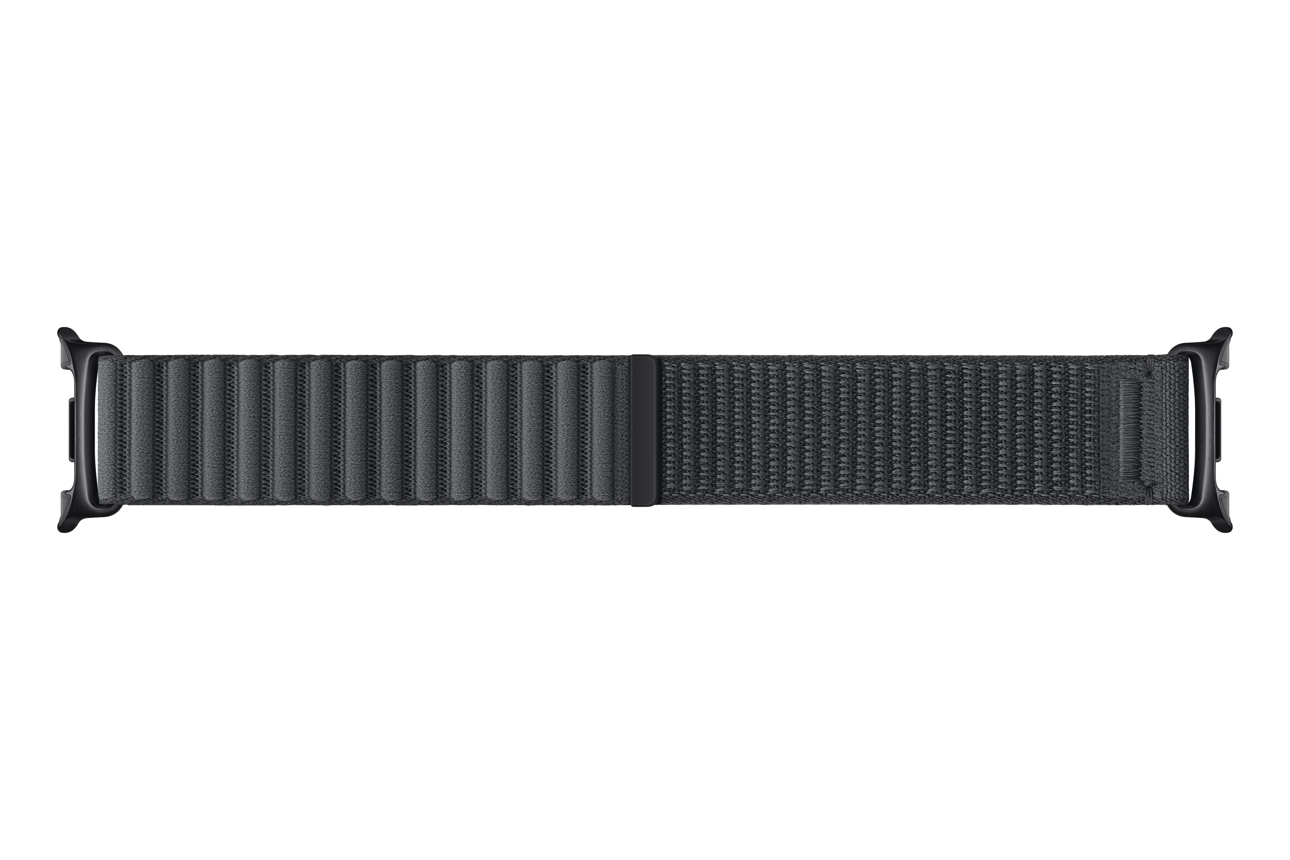 Graues Textilarmband mit schwarzen Anschlüssen für eine Smartwatch.